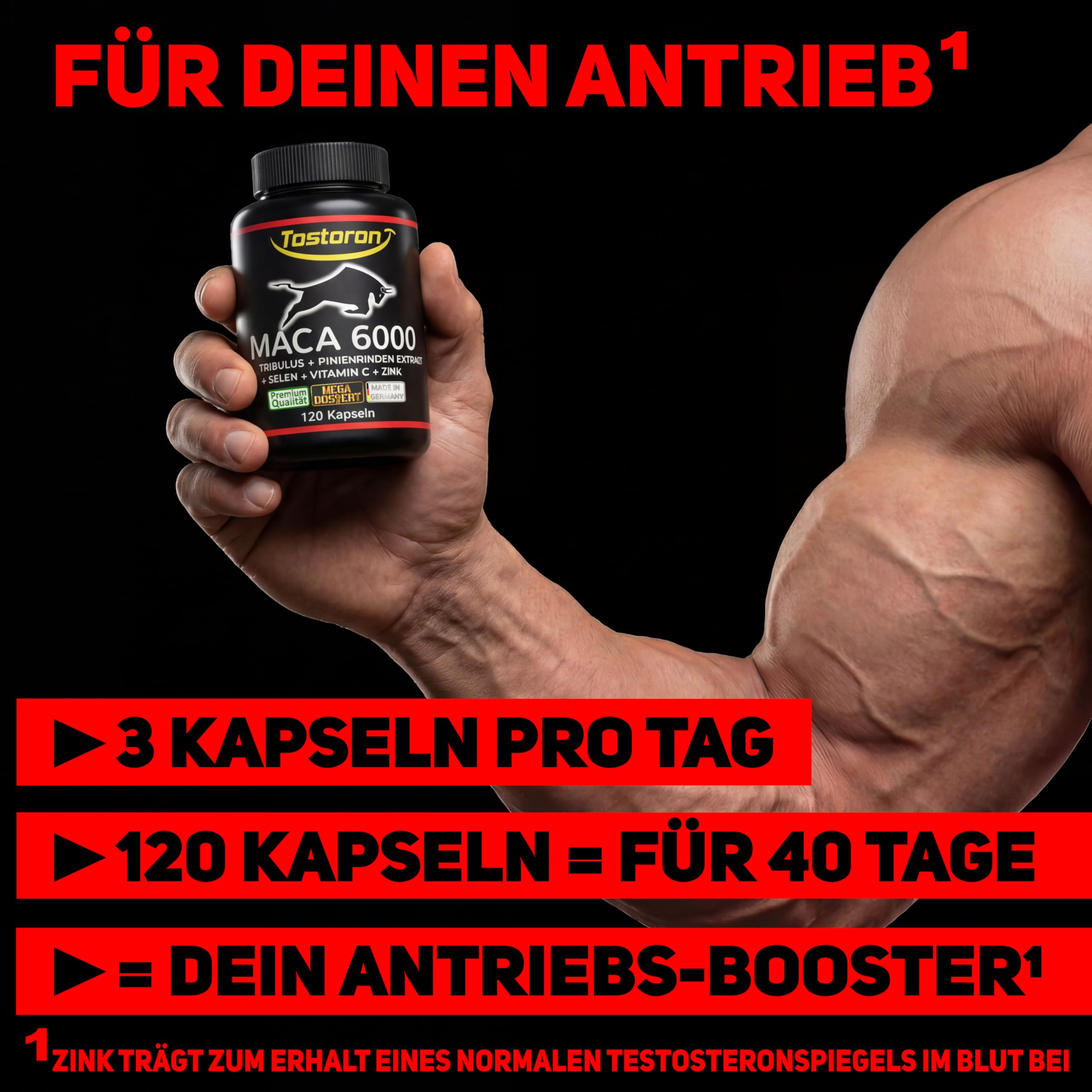 MACA Kapseln extra stark + hochdosiert - 120 Kapseln, Maca Pulver Extrakt, Tribulus terrestris, Pinienrinde, natürliches Vitamin C, Selen, Zink trägt zum Erhalt eines normalen TESTOSTERON SPIEGELS bei