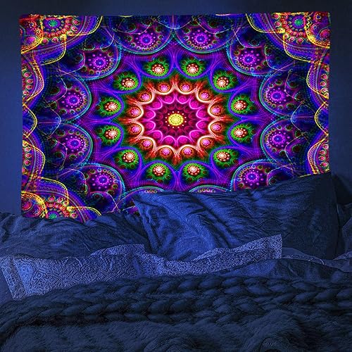 Miniatura 2 de Psyhilar Tapiz de mandala trippy de luz negra para colgar en la pared de dormitorio, póster hippie bohemio con luz negra para adultos (90 x 70