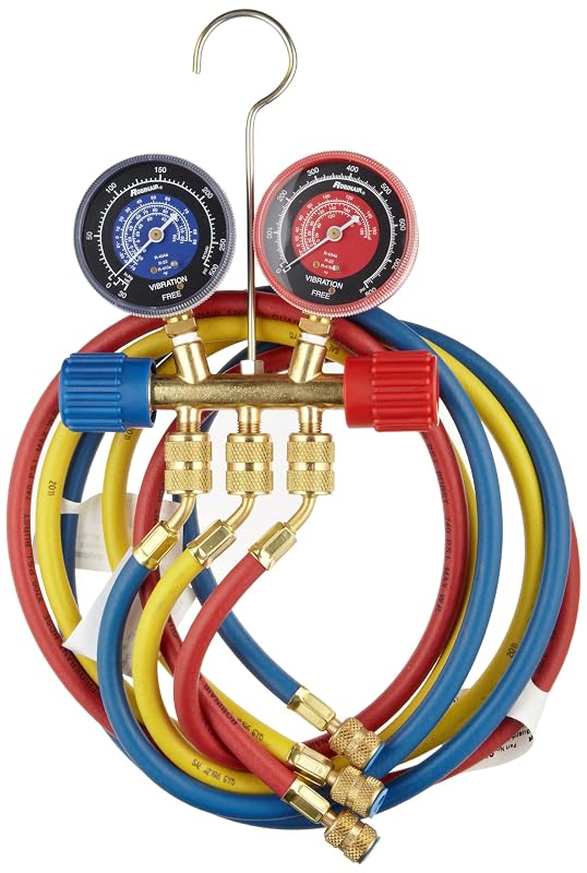 Robinair 40174 Manifold de Latão de Duas Vias para Ar-Condicionado com Mangueiras de 152,4 cm para R-22, R-404A e R-410A