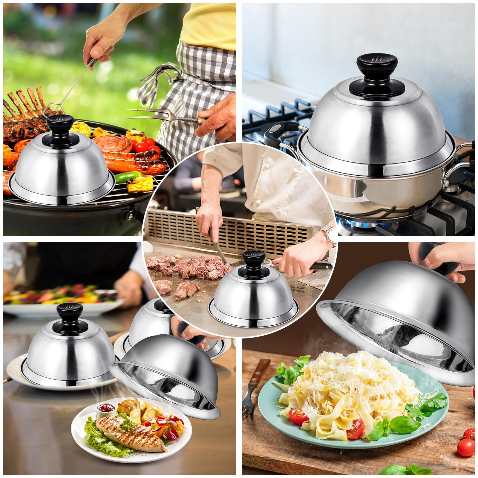 2 unidades de 16 x 6,6 cm Campana para hamburguesas, tapas de acero inoxidable para barbacoa, cocina, bistec, barbacoa y teppanyaki, apto para lavavajillas