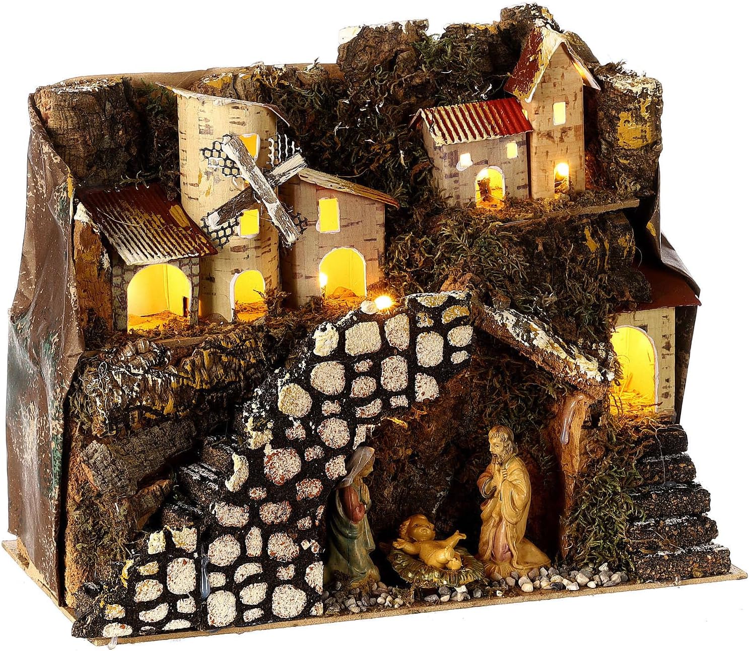 Mountain Nativity Village Mill Lighted 6 cm Nativity 30x15x20, with figurinesDepth: 15 cm|Height: 20 cm|Statues Height: 6 cm|Width: 28 cm