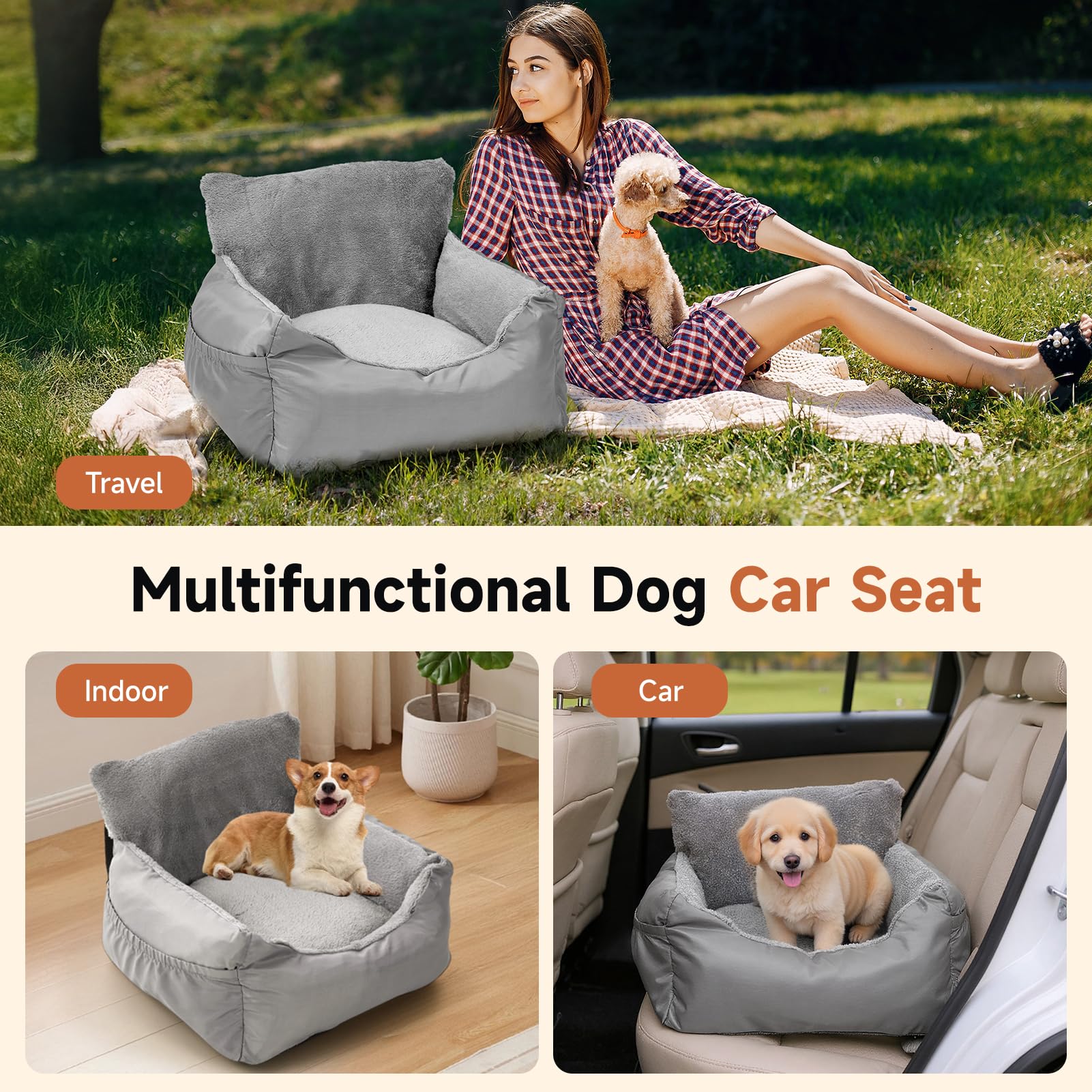 The Fellie Siège auto pour chiens de petite taille, siège rehausseur de voiture imperméable avec laisse de sécurité, lit de voyage confortable pour animal domestique avec poche de rangement et base