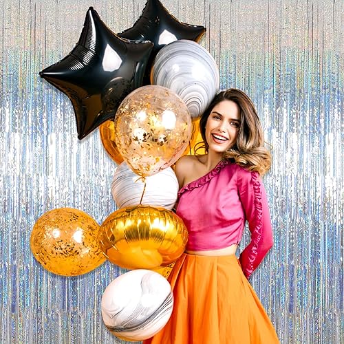 Miniatura 5 de Paquete de 3 cortinas de flecos de papel de aluminio plateado, 3.28 pies x 8.2 pies, cortinas metálicas de oropel con flecos para cabina de fotos,