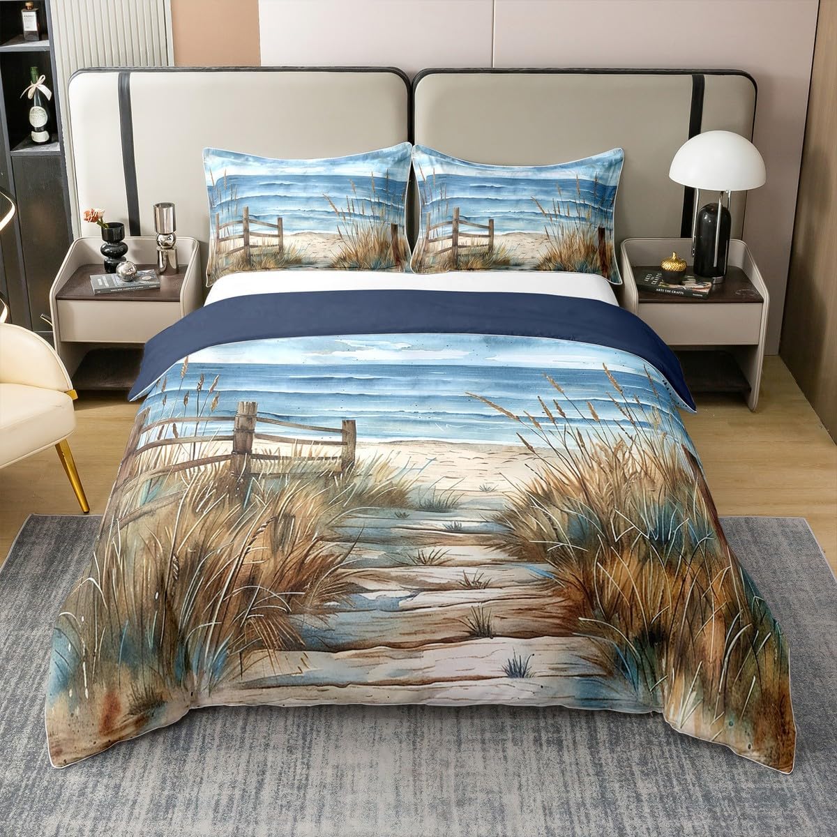 Sailboat 100% Natural Cotton Bedding Set King,Nautical Ocean Duvet Cover 3pcs,Kids Boys Girls Sea Adventure Comforter Cover,Ocean Themed Modern Quilt Cover,Not Comforter