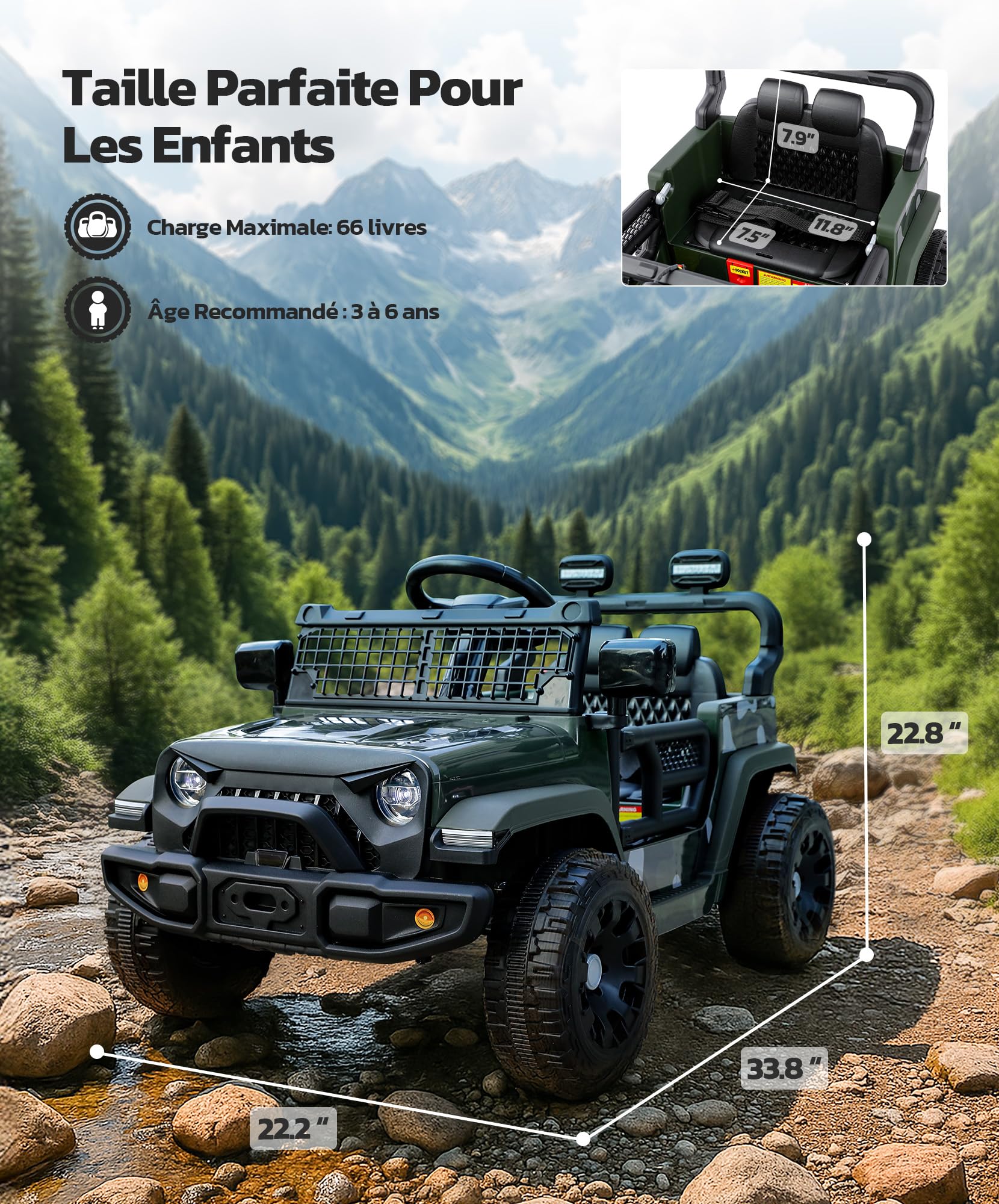 ELEMARA Voiture Électrique Enfant 12V 5,6 KM/H avec Contrôle Parental, Musique, 3 Vitesses, LED, Vert