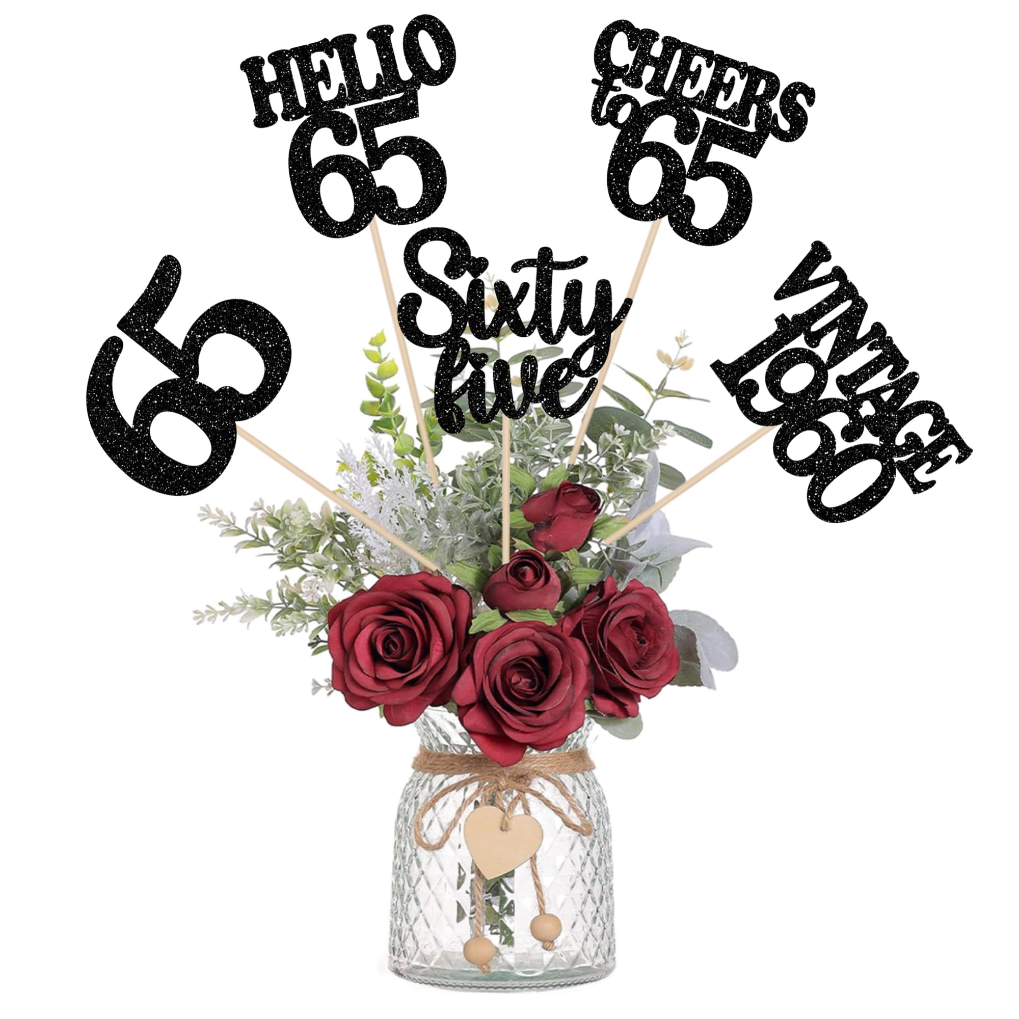 15PCS Happy 65th Birthday Centerpiece Sticks Hello 65 Vintage 1960 Table Flower Centerpieces Sticks Sixty Five Cheers to 65 Floral Decoration for 65th Birthday Party Centerpieces Supplies Black