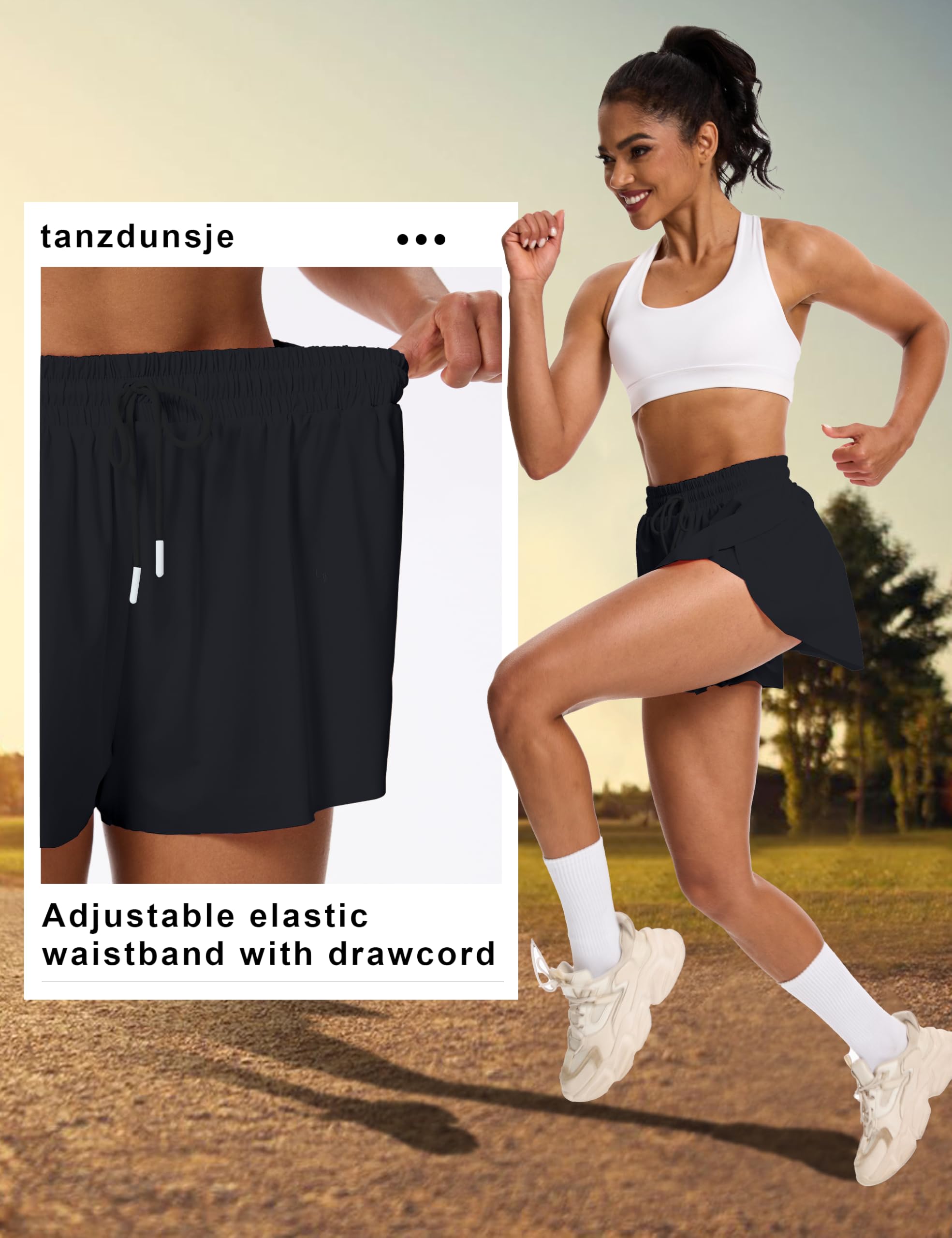 Laufshorts Damen kurz Sportshorts 2 in 1,Tennis Gym Fitness RunningShorts mit 2 Taschen, Damen Schwarze Shorts Workout Sportrock Elastischer Bund, mit Innenfutter