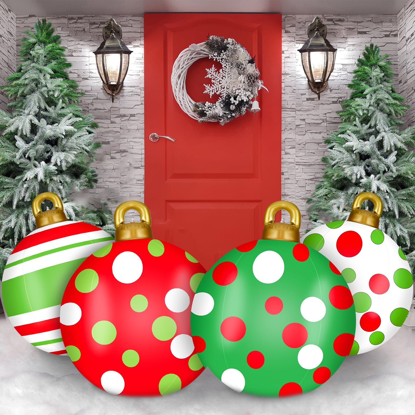 Jetec Lot de 4 grandes boules de Noël gonflables géantes de 81,3 cm en PVC pour l'extérieur, cour, pelouse, porche (rouge, vert, blanc, rayures)