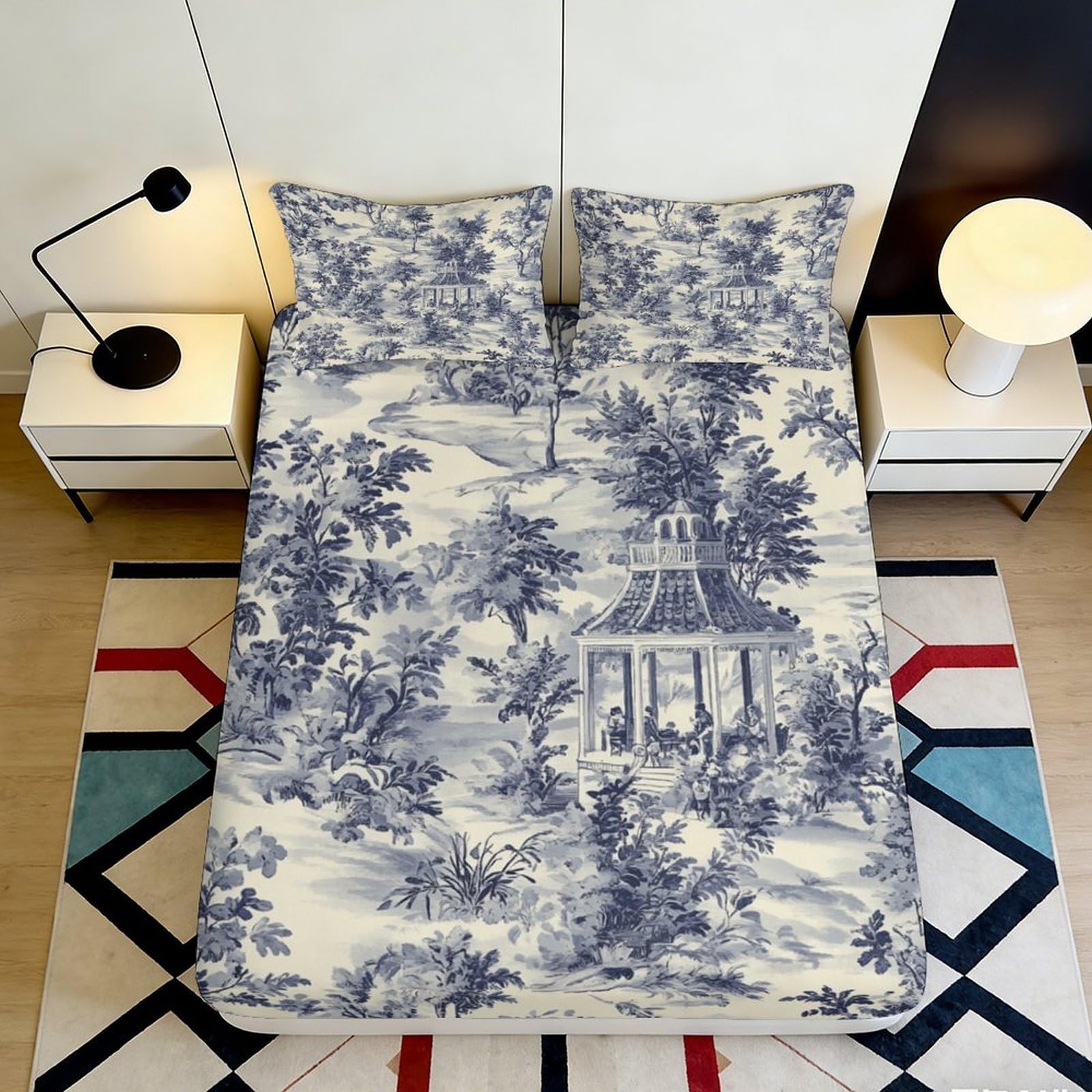 3D Printed Blue Chinoiserie Landscape Fitted Sheet Microfiber Soft Pagoda Scene Mattress Cover Bedroom Home Decor 90x200x25cm