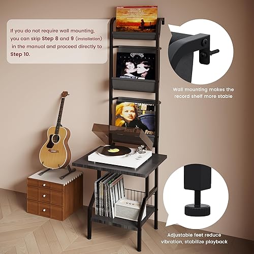 Miniatura 4 de Soporte para tocadiscos con almacenamiento de vinilo, mesa para tocadiscos con capacidad para hasta 200 álbumes, soporte giratorio de 5 niveles para