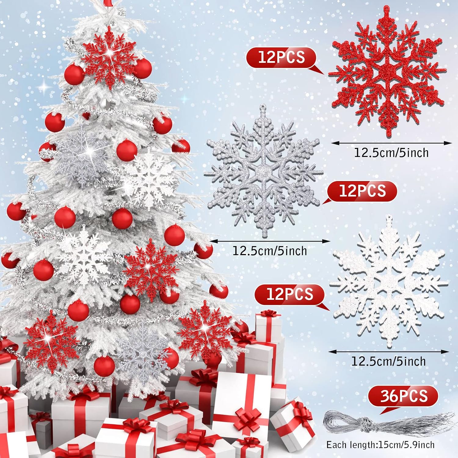 Sumind 36 Pcs Christmas Glitter Snowflake Ornaments, 4.92 Inch, Red