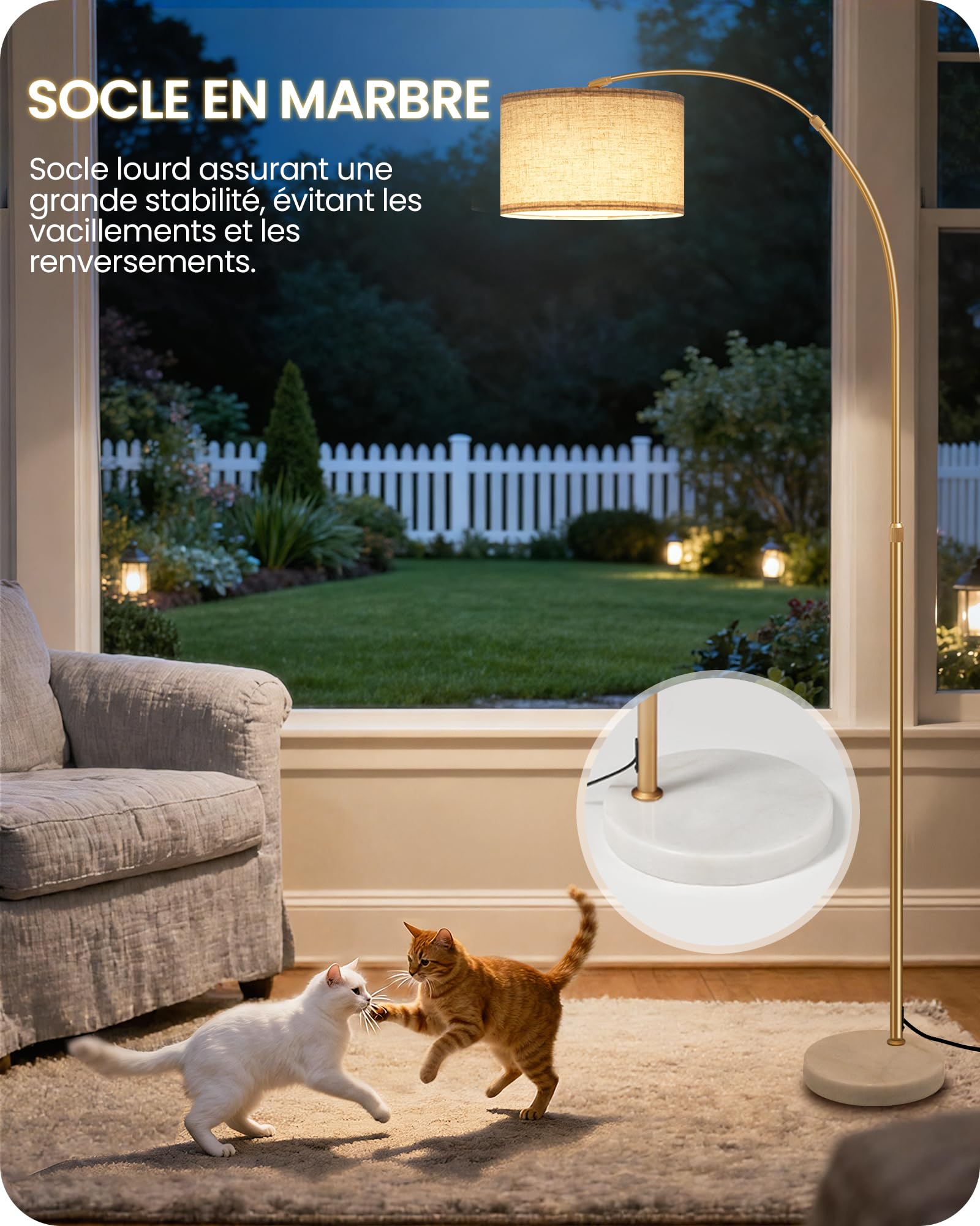 Lampadaire sur pied de salon arc, or beige, pour chambre | lampe arquée réglable en hauteur de 158 à 188 cm, Socle en marbre stable, à intensité variable avec télécommande, ampoule