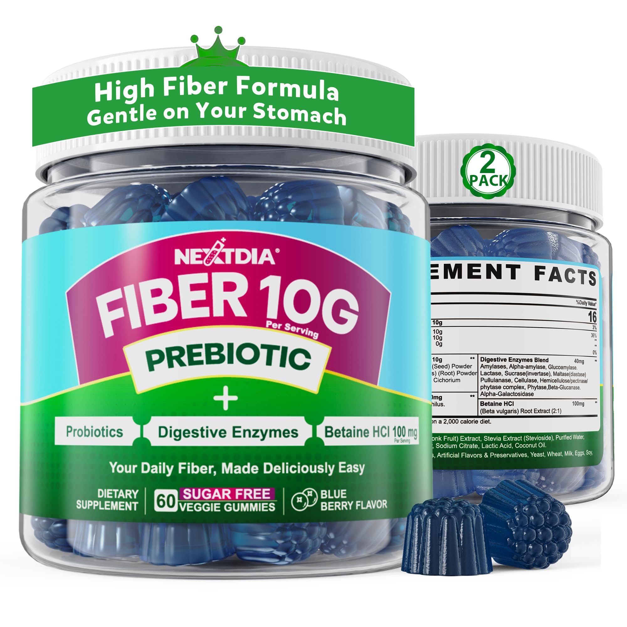 Nextdia Fiber Gummies for Adults, 10g Prebiotic Fiber Gummies,120 Counts 60 Count (Pack of 2)