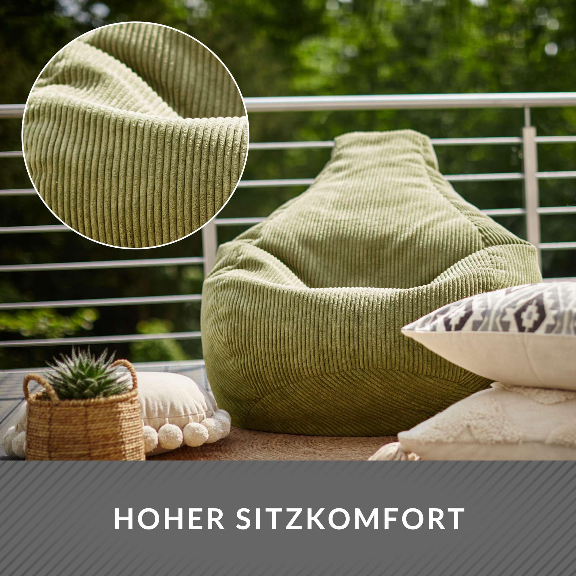 Green Bean© Pouf avec Dossier 80x80x90cm - Gaming Chair avec Remplissage 230L Tissu Velours côtelé - Bean Bag Coussin de Sol Lounge Pouf Fauteuil Relax Gamer Chaise Vert