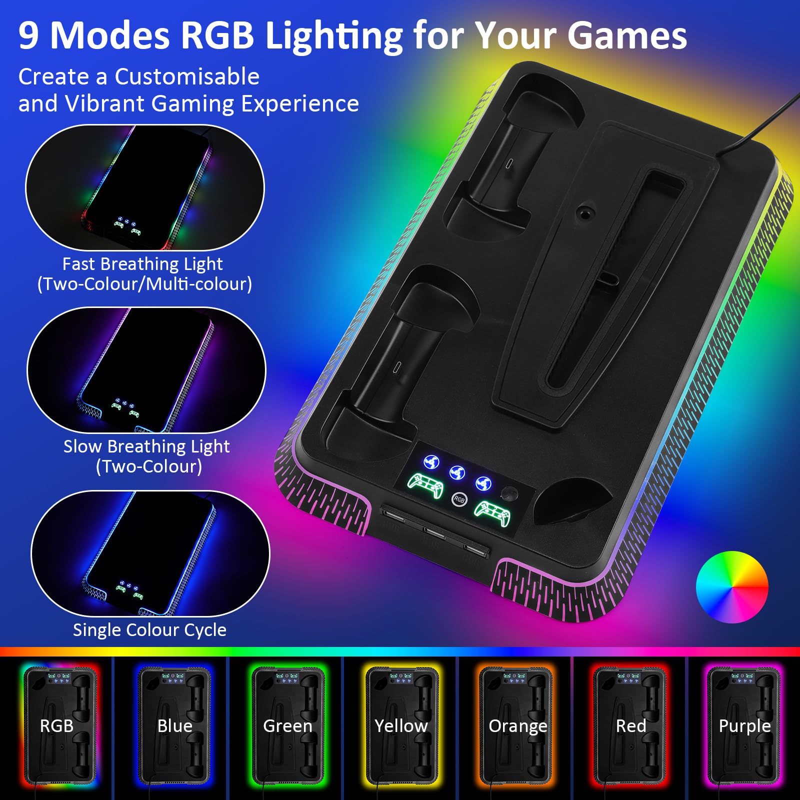 Supporto PS5 con Ventola di Raffreddamento & Luce RGB, Stazione di Ricarica Doppio Controller per PS5 & PS5 Slim Disc/Digital