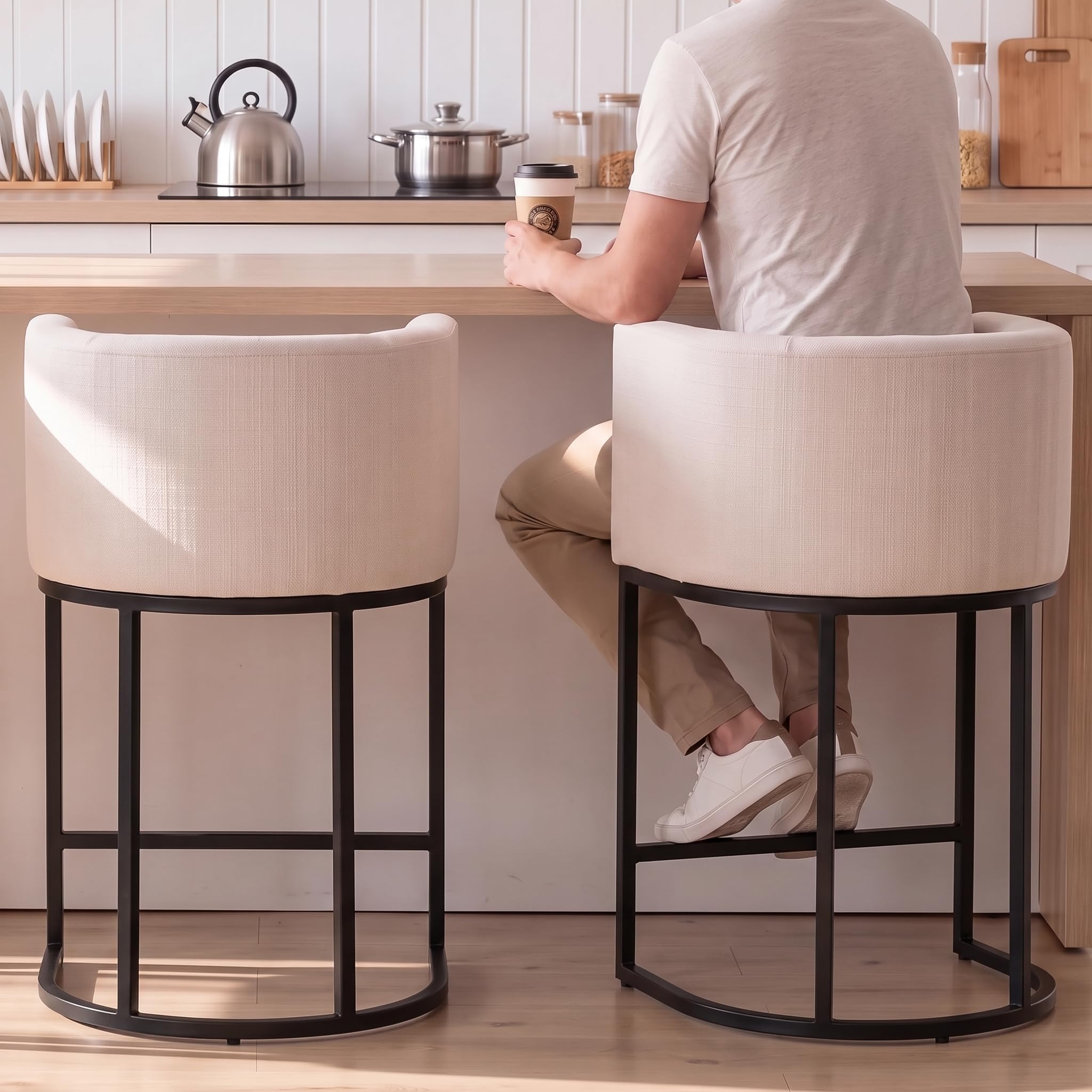 RIVOVA Cream Linen Bar Stools Set of 2 with Black Metal Base