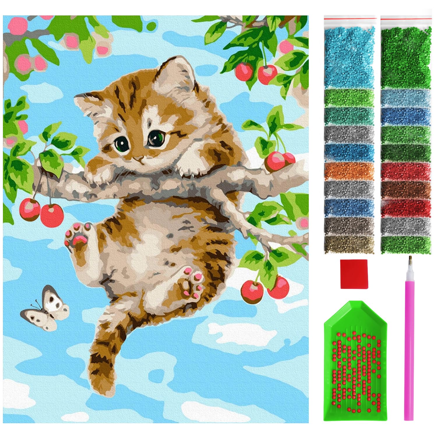ARTULIO Diamond Painting Set - Katze hängt vom Ast - 30x40 cm – 5D Diamant Painting Bilder DIY, Diamond Painting Erwachsene