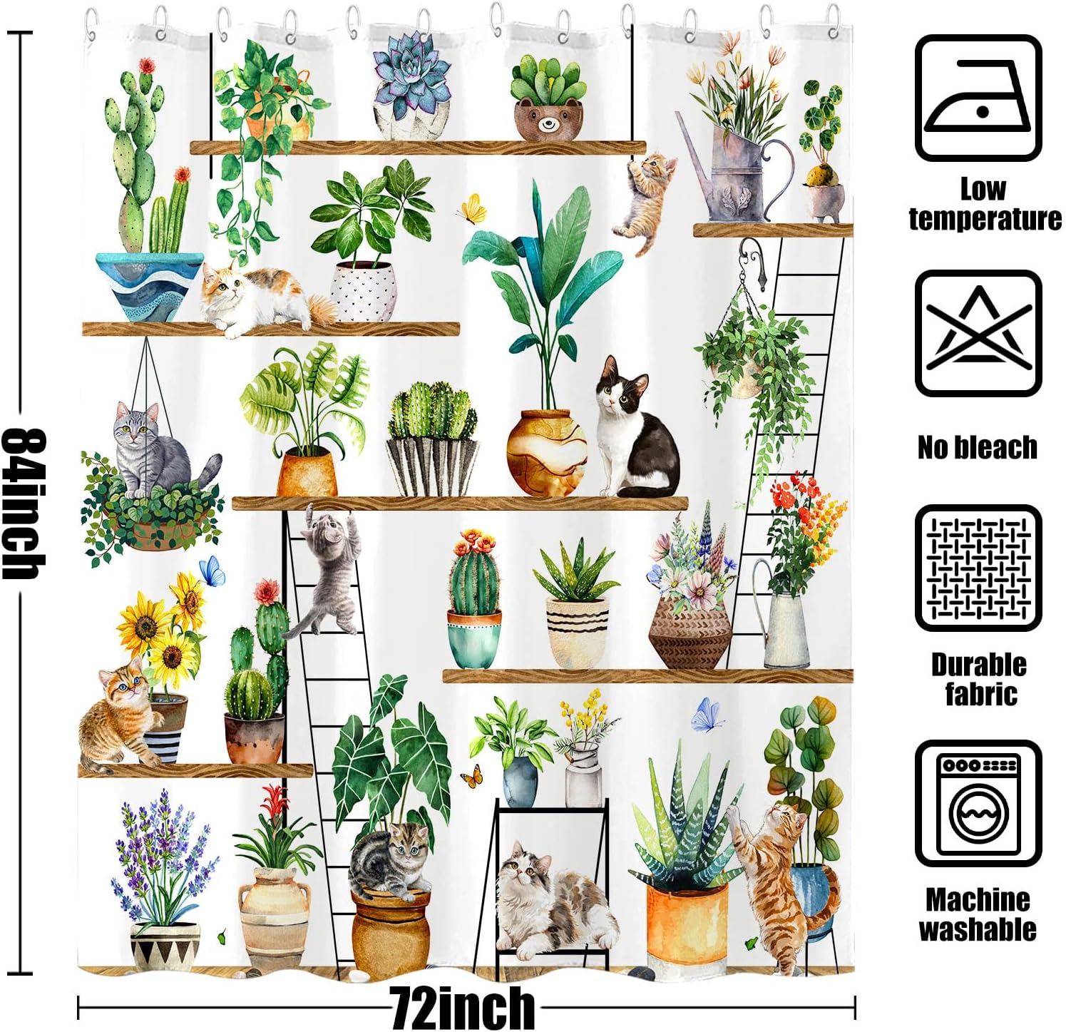 Green Plant Funny Cat Shower Curtain Potted Plants Cats Botanical Floral Shower Curtains for Bathroom Tropical Cactus Leaf Succulent Flower Waterproof Fabric Bath Curtain Decor 72x84 Inches
