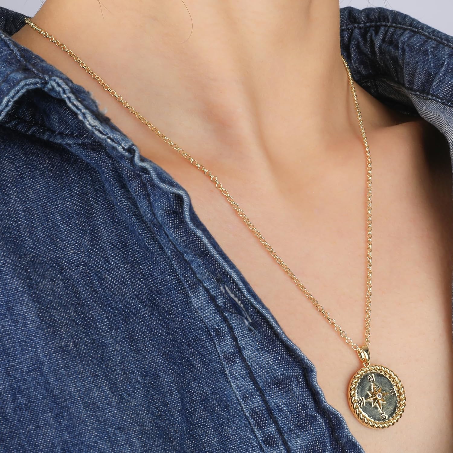 Gold Compass Pendant Necklace for Women Men 14K Gold Plated Compass Coin Necklace with Cubic Zirconia North Star Adjustable Chain Round Charm Travel Jewelry Inspirational Graduation Gift for Her - Image 6