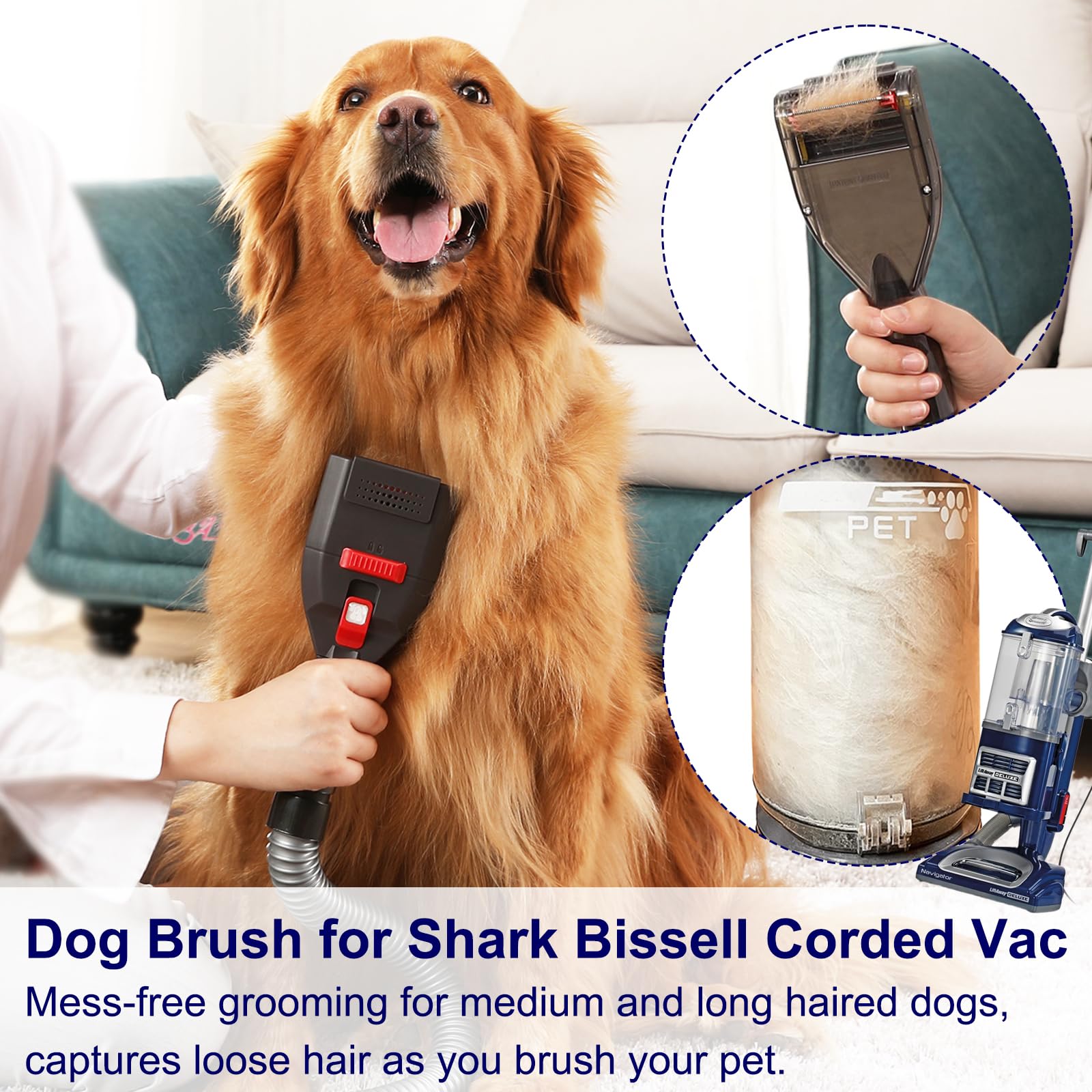 Portek Accesorio de aspiradora de pelo de perro para la mayoría de aspiradoras, kit de herramientas de cepillo de aseo para mascotas como peluquero de pelos inferiores con adaptadores de manguera de