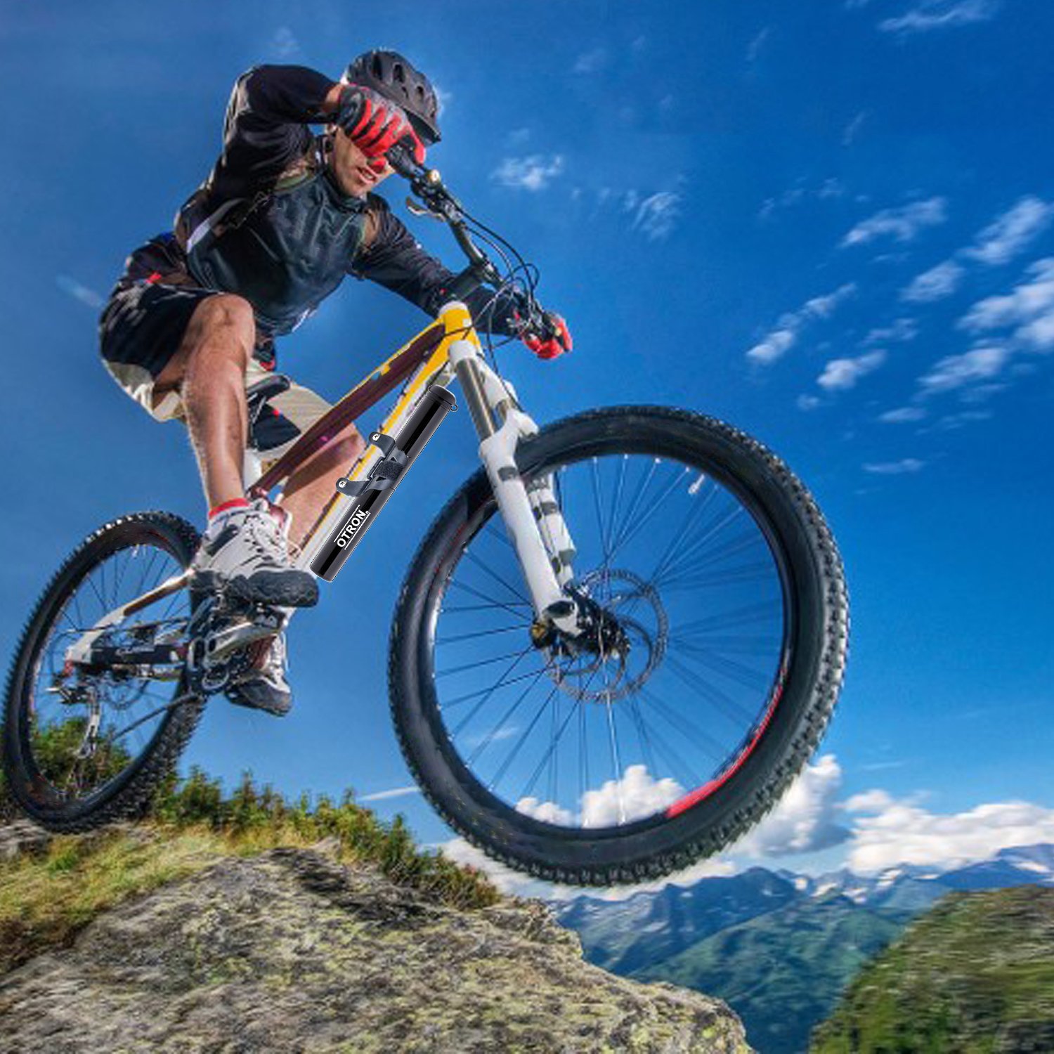 OTRON Mini Bike Pump - Compact & Portable - Extremely Lightweight - Premium CNC Aluminum - Presta & Schrader Valve Compatible - For Road, Mountain Or BMX Bicycles (Black, 140 PSI)