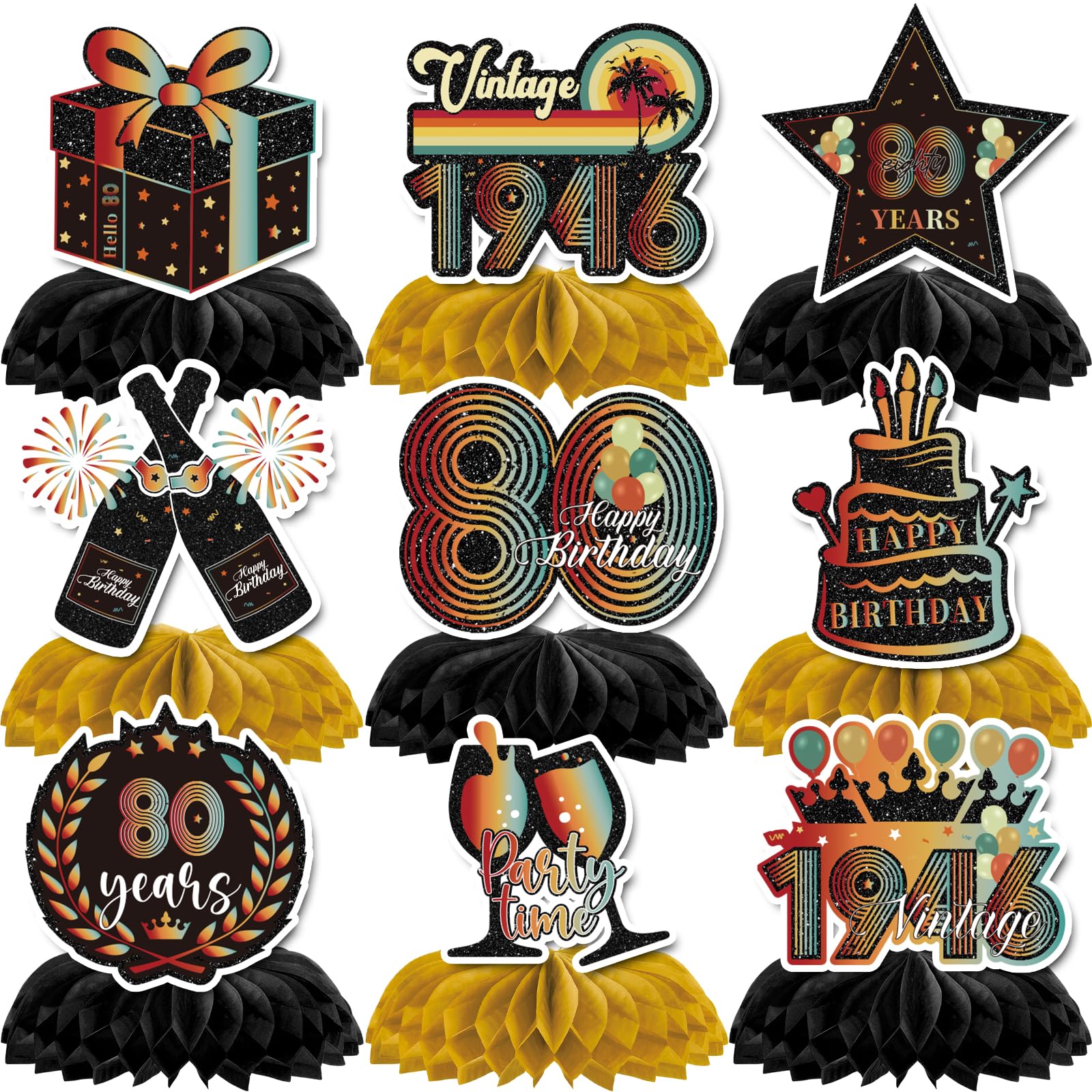 80th Birthday Decorations - 9 Pcs Vintage 80th Birthday Table Decorations Honeycomb Centerpieces, Retro 1946 Party Decor Supplies for Men Women