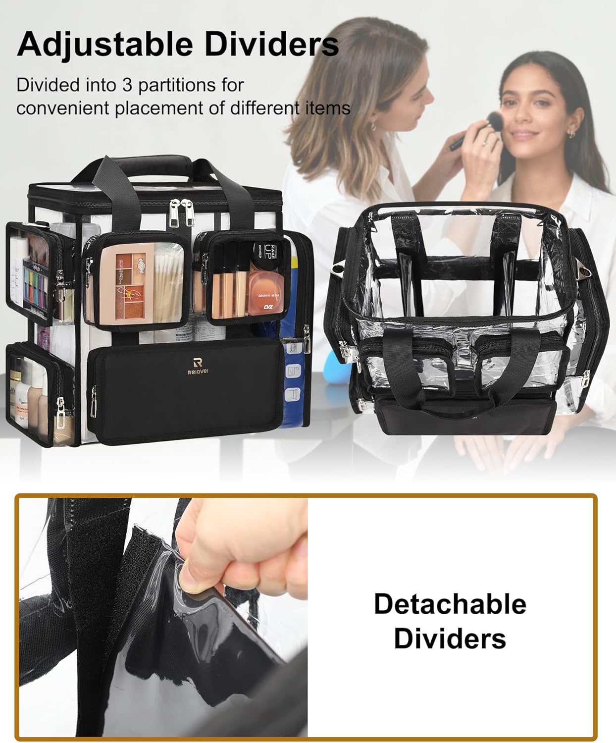 Relavel Large Clear Makeup Bags, Professional Makeup Artist Kit Set Bag with Removable Dividers, Travel Cosmetic Organizer Hairstylist Traveling Bag Transparent PVC Work Tote Bag Duffle Bag for Women