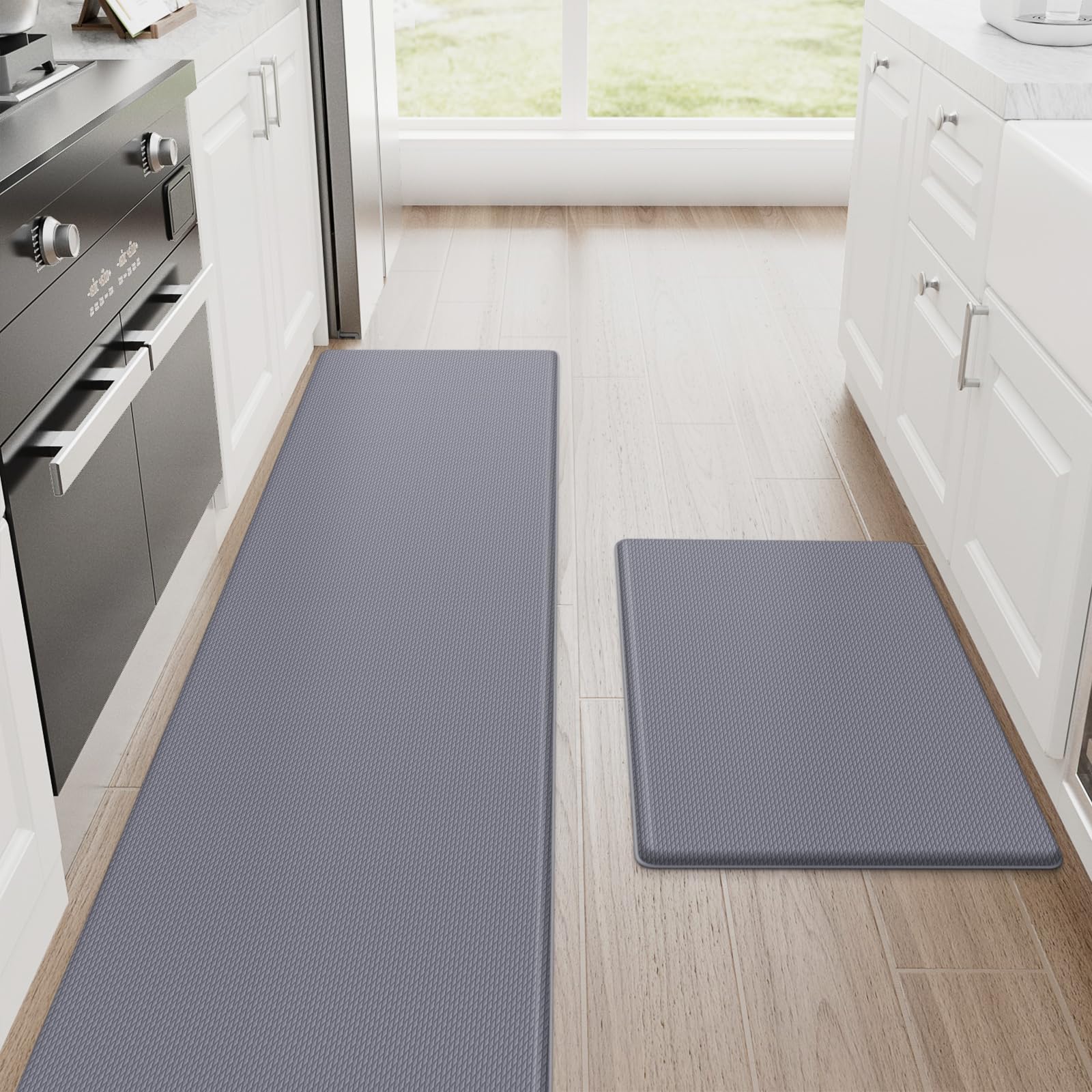 StepRite Kitchen Mats, 2PCS Kitchen Rugs, 17.3"×30"+17.3"×70" Cushioned Anti Fatigue Floor Mat, Non-Slip Standing Desk Mat, Waterproof Kitchen Rug Set for Home, Office,Grey