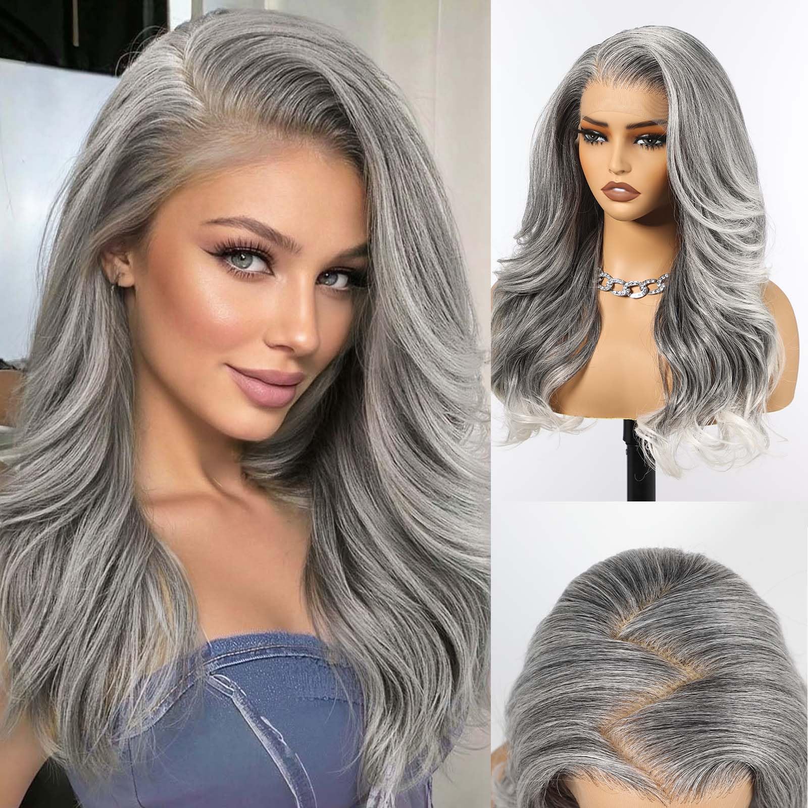 HAIRCUBE 13x6 HD Synthetic Lace Front Wig, 24 Inch Gray Long Curly Layered Wigs, Natural Density Hairline Glueless Wigs for Women Daily Use