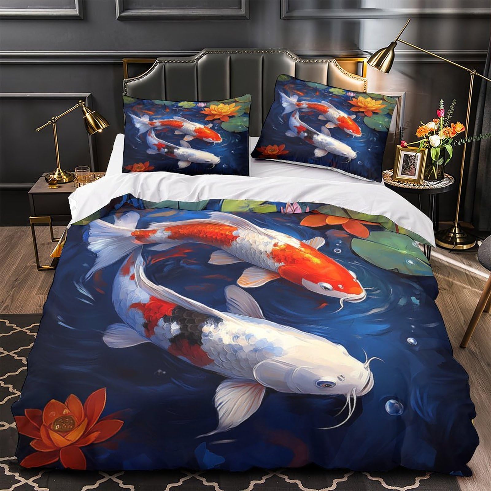 Drap de Couette Poissons Koi Anti-Allergène en Microfibre Fine pour Lit 3 Pièces
