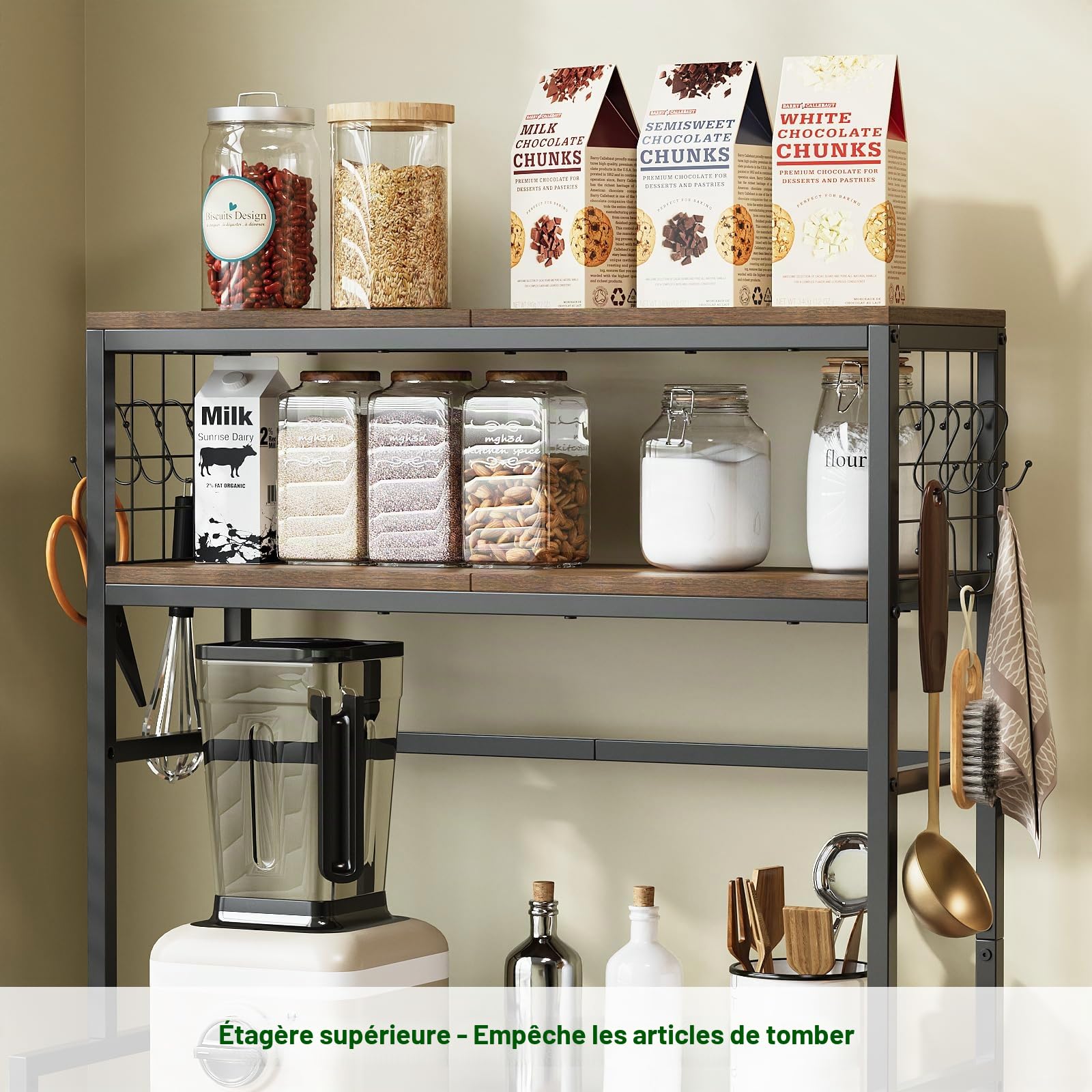 Tohomeor Étagère pour micro-ondes, étagère de cuisine avec support pour micro-ondes avec compartiment réglable et 10 crochets, étagère de boulangerie peu encombrante pour les casseroles, poêles