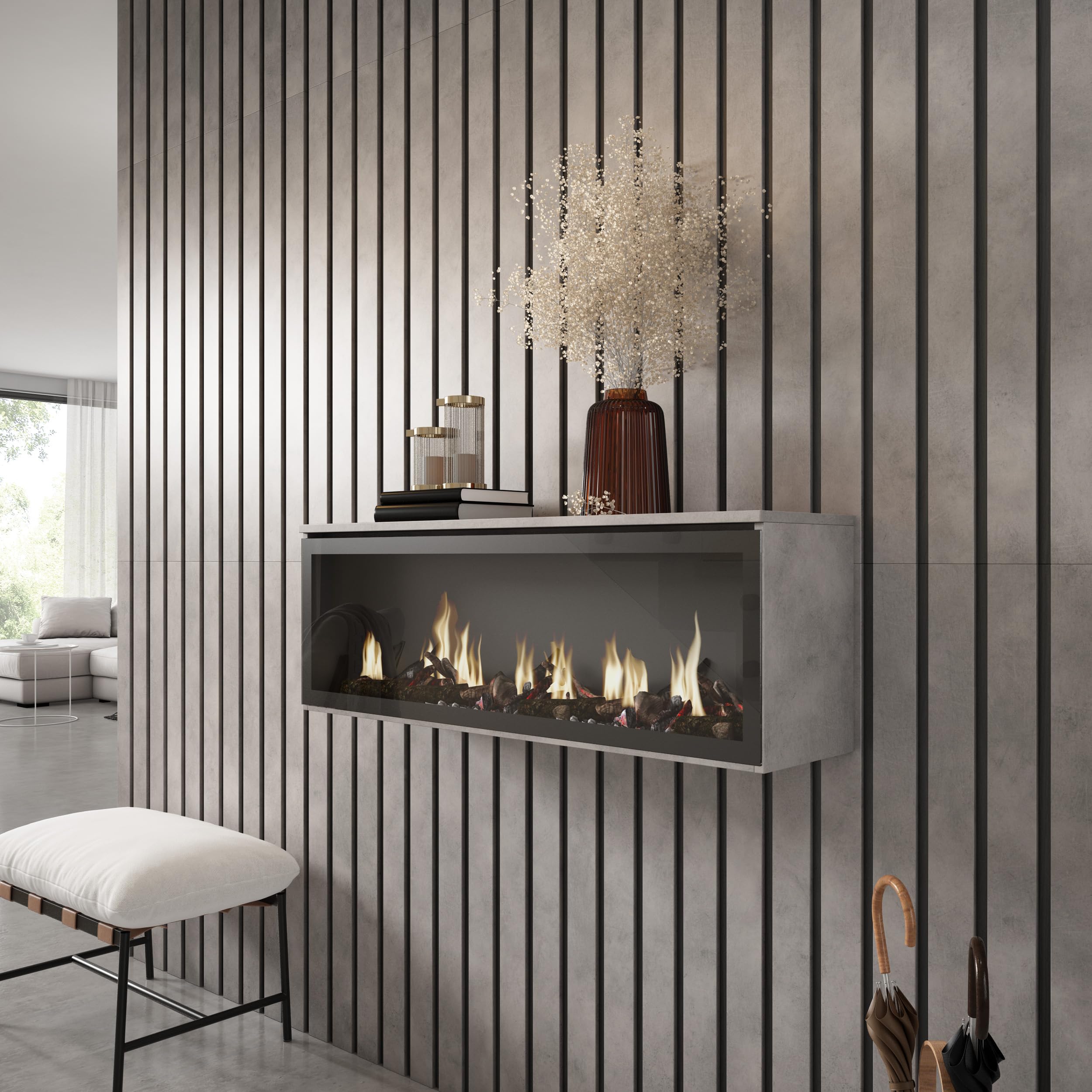 SKRAUT HOME | Chimenea eléctrica LED | Sin Calor | 107x38x25cm | Salón - Comedor | Chimenea eléctrica LED | Estilo Moderno | Cemento