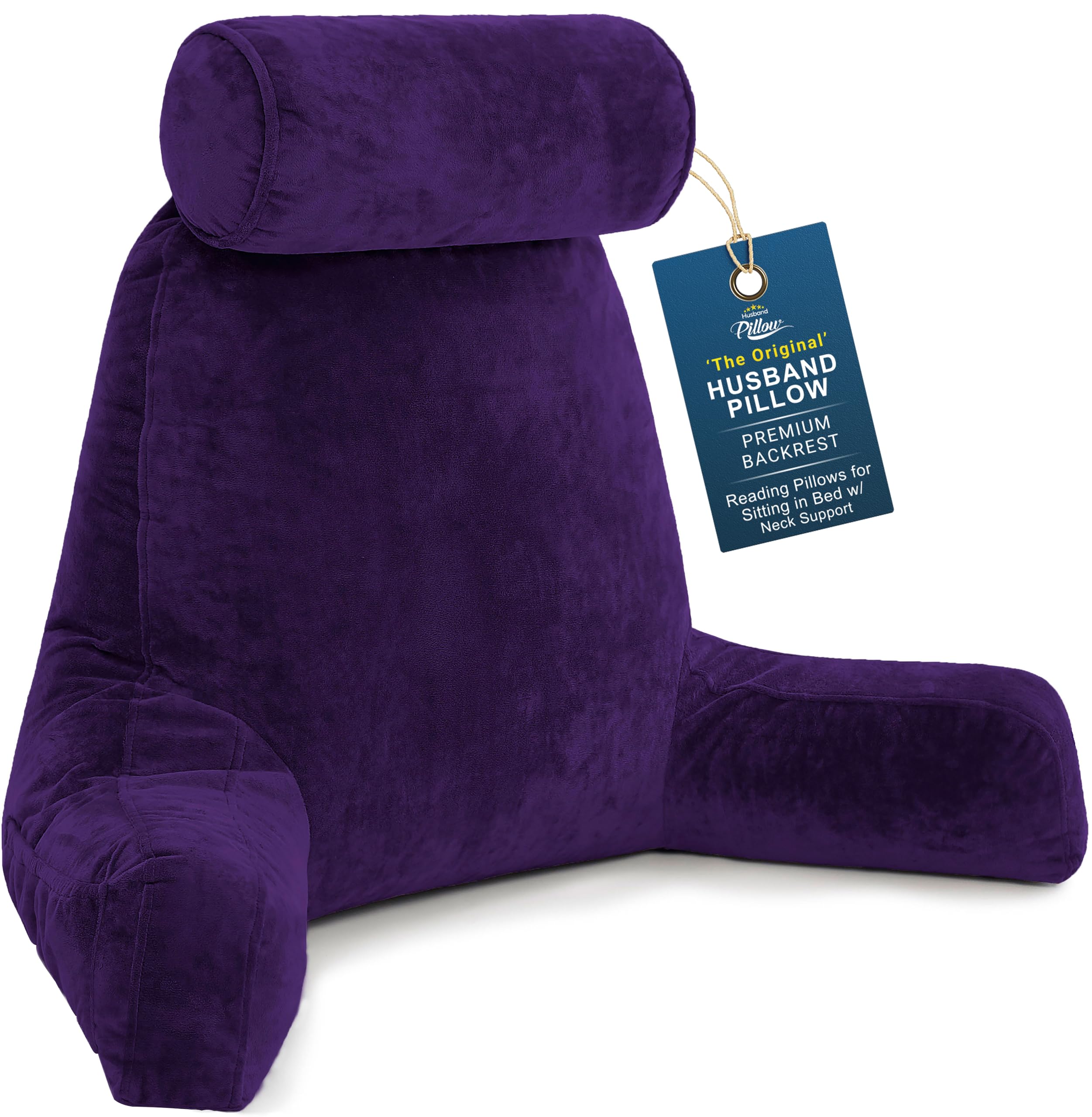 Husband Pillow Purple Xxl Backrest With Arms - Adult Reading Pillow With Shredded Memory Foam, Ultra-Comfy Removable Microplush Cover & Detachable Neck Roll, Unmatched Support Bed Rest Sit Up Pillow