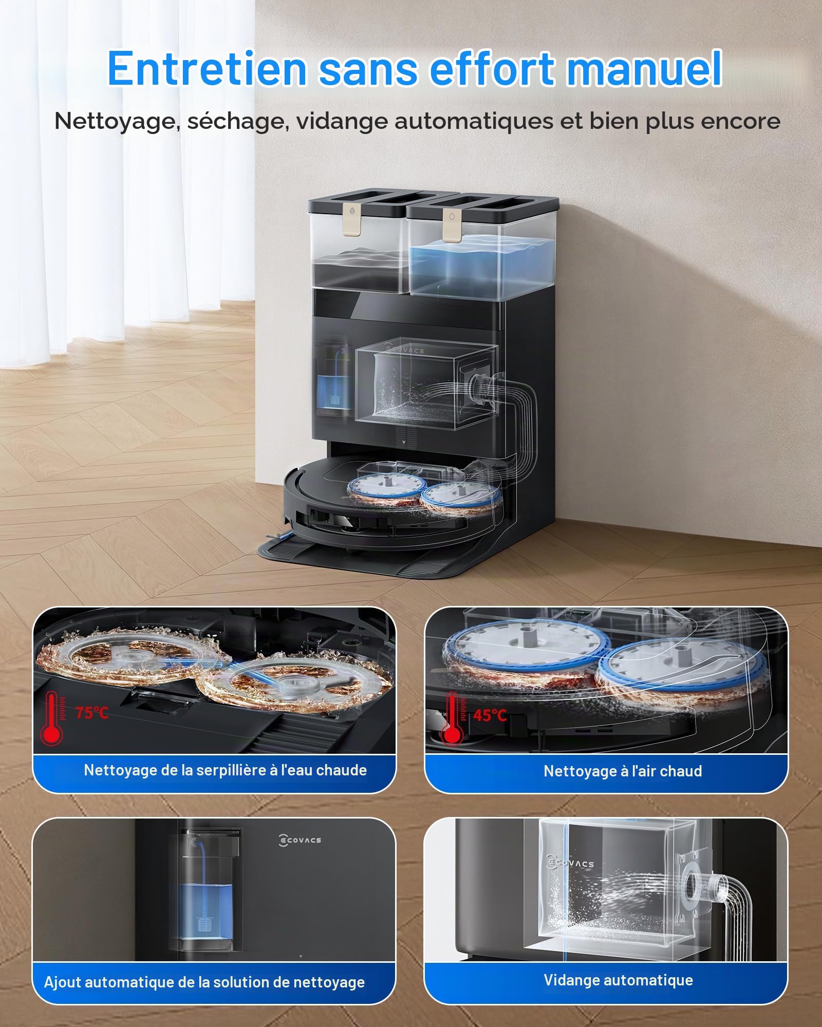 ECOVACS DEEBOT T50 Pro Omni Gen3 Aspirateur Robot Laveur Care Kit, Brosse latéral et Patin Extensibles, 25000 Pa, AIVI 3D 3.0, Ajout Auto Solution, Lavage 75°C, Séchage air Chaud, Ultra-Fin 81mm, Noir