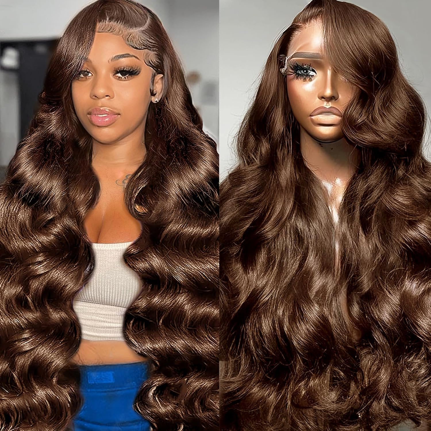 Lukymart 28 Inch Chocolate Brown Lace Front Wigs Human Hair Pre Plucked 13x4 HD Body Wave Lace Front Wig 180% Density Colored Frontal Glueless Brown