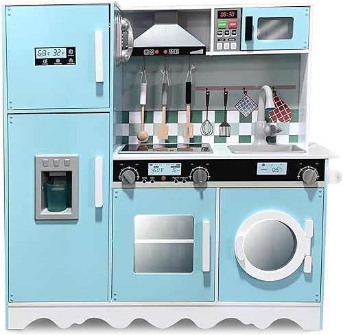 Lil' Jumbl Juego de cocina azul para niños, cocina de juego de madera de simulación, máquina de hielo a pilas, microondas, campana extractora,