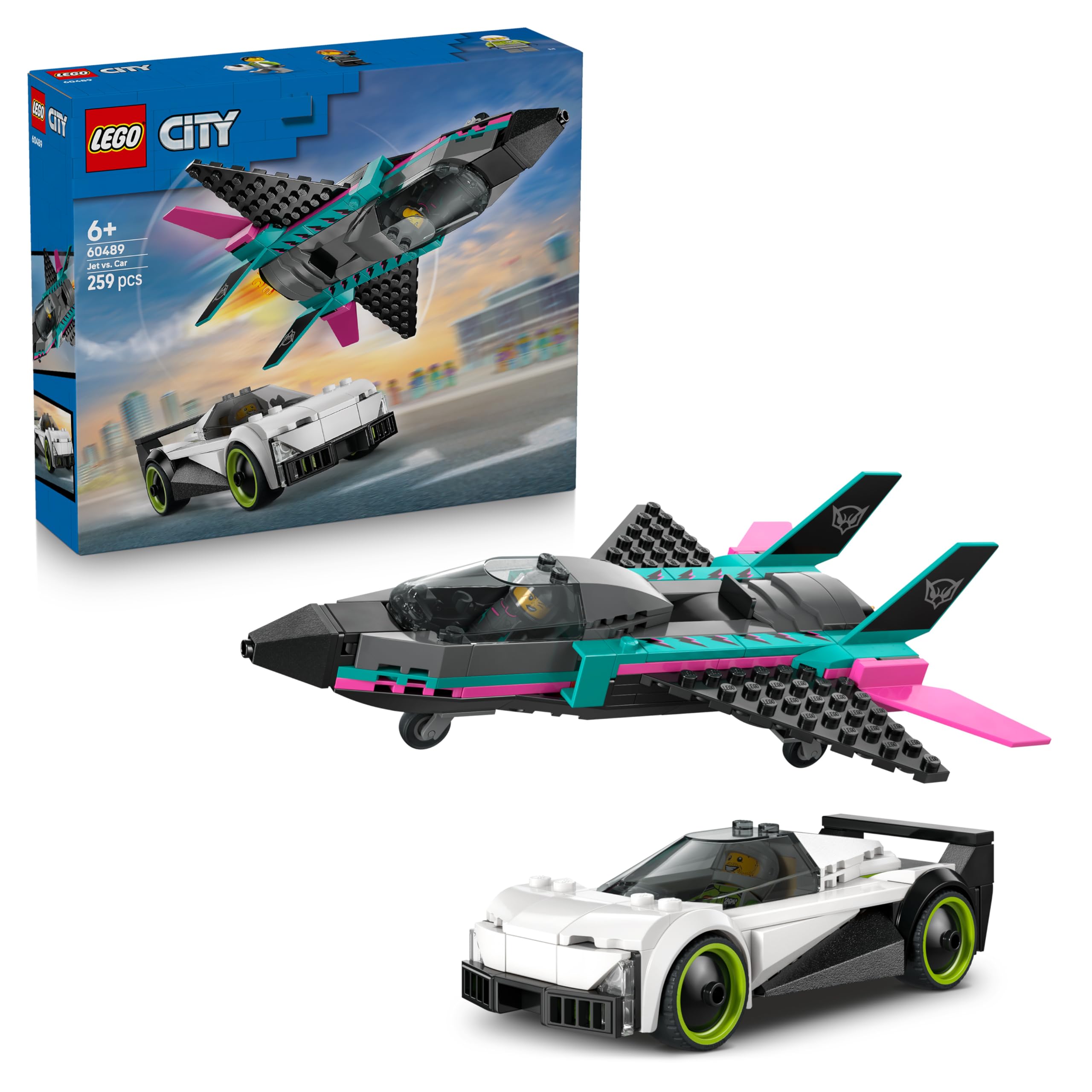 LEGO City Jet vs. Car Toy - Building Kit w/Plane, Supercar Plus Pilot & Driver Minifigures - Creative Birthday Gift Idea for 6+ Year Old Boys - 60489