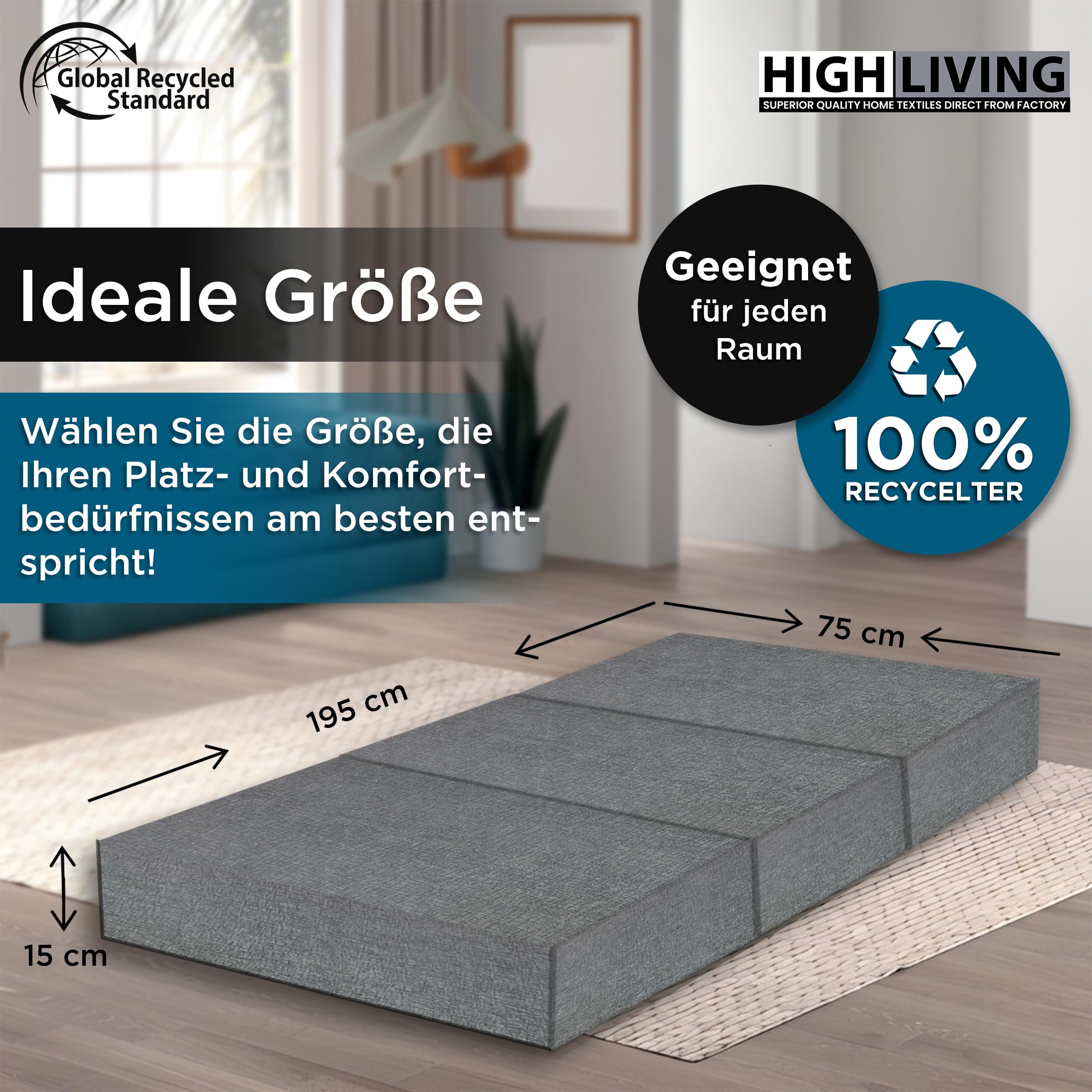 HIGH LIVING Materasso pieghevole in schiuma Gel Memory 195 x 75 x 15 cm, 3 pezzi, extra spesso, in schiuma, da campeggio, pavimento, per ospiti, grigio