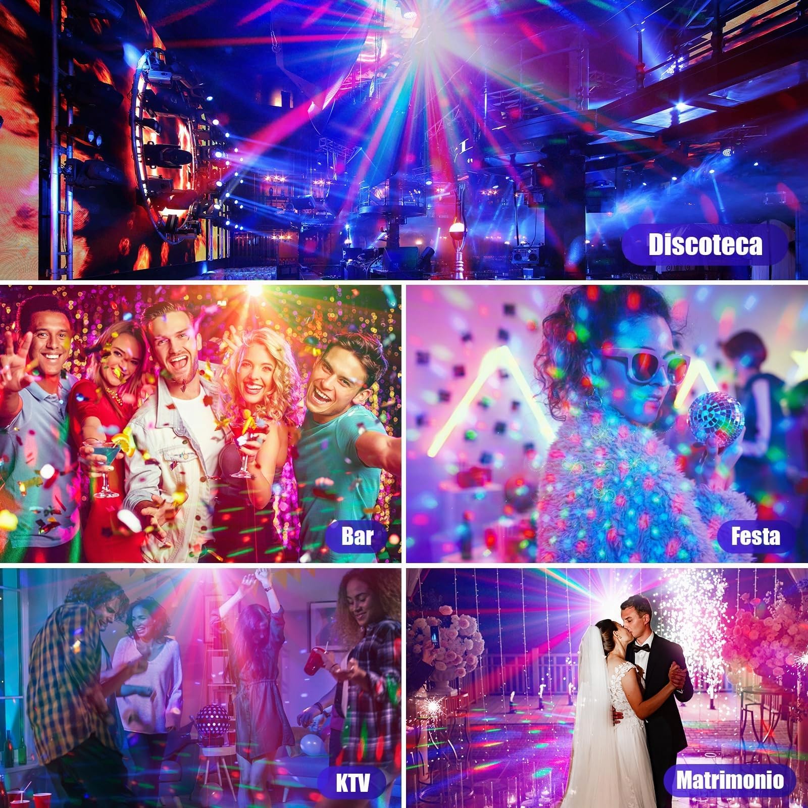 Luci Discoteca e Party 3-in-1 con Telecomando, Controllo Musicale & Controllo Vocale – Luci DJ LED RGB, Effetto Palla Disco e 72 Modelli per Party, Club, Natale, Halloween