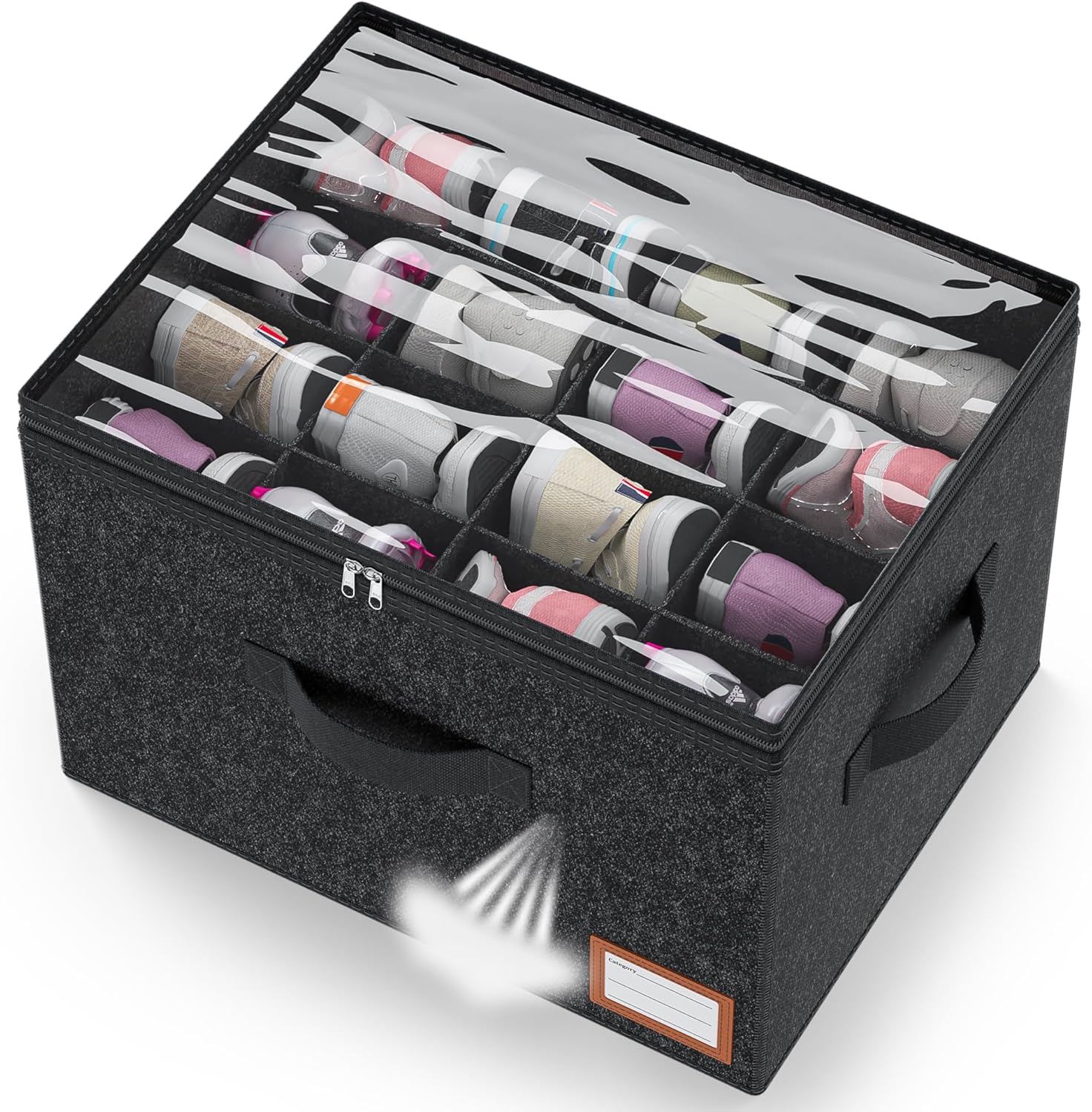 Adjustable 16Pairs Shoe Organizer Storage Boxes for Closet, Shoe Bins Foldable Basket Holder, Breathable Shoe Containers with Clear Window, Handles, Dividers (Black1Pack)