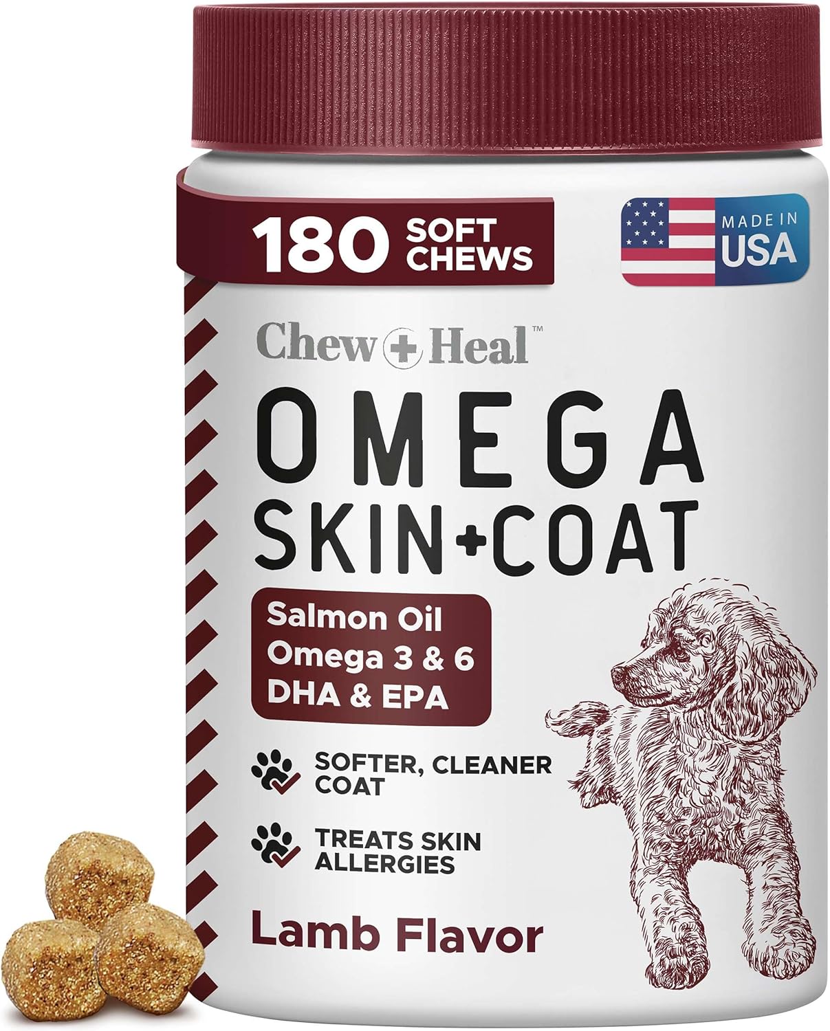 Salmon Oil for Dogs – Soft Chew Omega Treats for Skin and Coat – Fish Oil Blend of Essential Fatty Acids, Omega 3 and 6, Vitamins, Antioxidants and Minerals – Made in USA (180 Chews, Lamb)