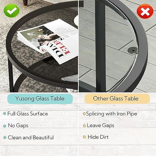Miniatura 5 de Yusong Mesas de centro redondas de vidrio para sala de estar, mesa auxiliar circular de 2 niveles con almacenamiento, mesa central moderna de 26