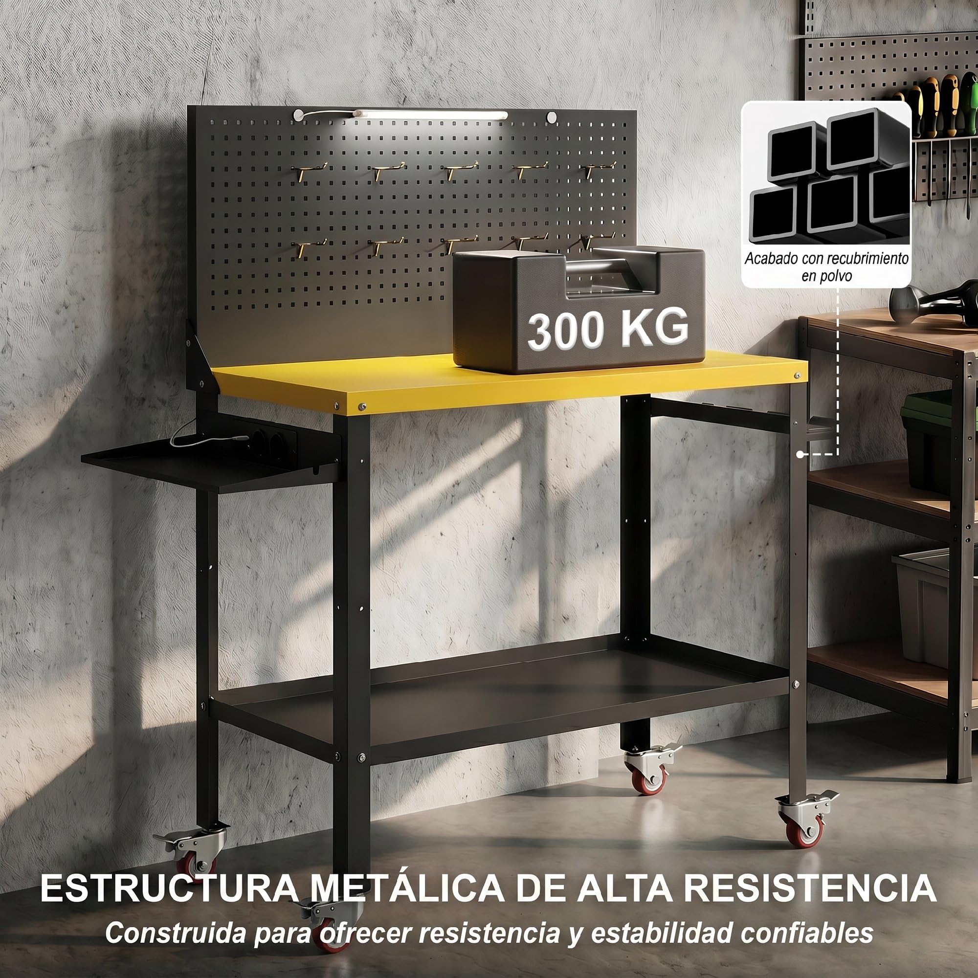 HOMCOM Banco de Trabajo con Panel Perforado y Ruedas, Mesa de Trabajo con Enchufes, USB, Luz LED y Estructura Metálica, Carga 300 kg, Banco para Garaje o Taller, 128x49,5x127,5 cm, Negro y Amarillo
