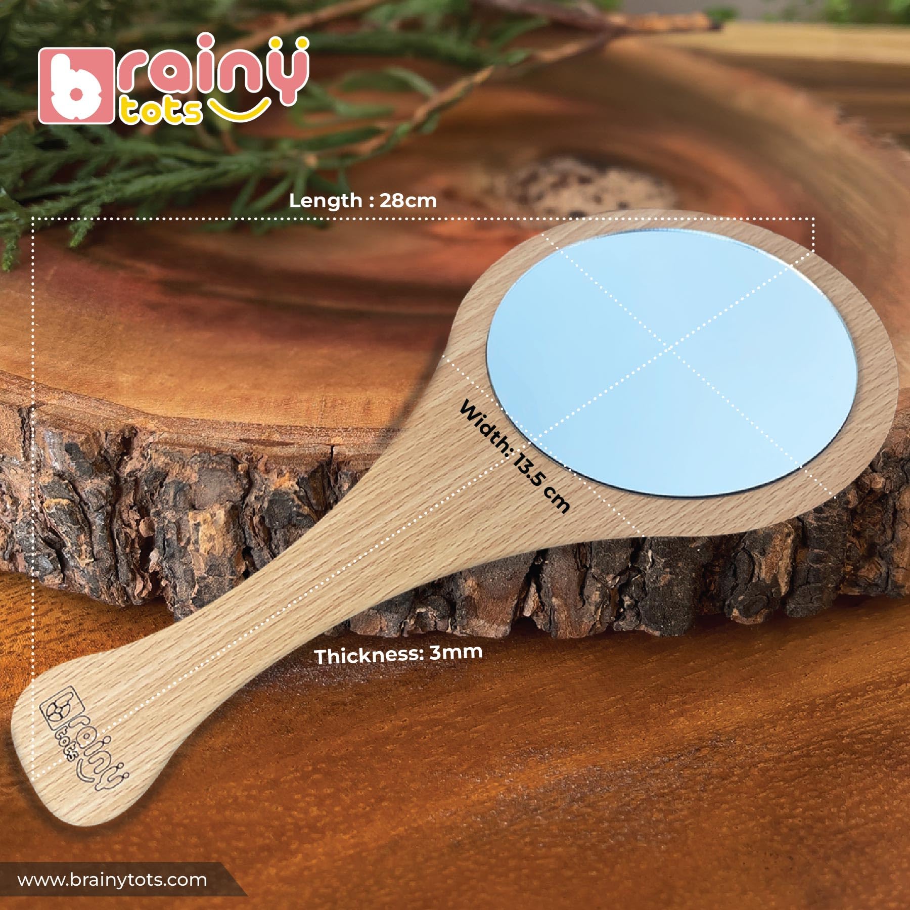 Brainytots Wooden Hand Mirror for Kids | Montessori Learning Toy for Early Education, Self Awareness, Hand Eye Coordination, & Grasping Skills Development | Educational Gift for Toddlers 3