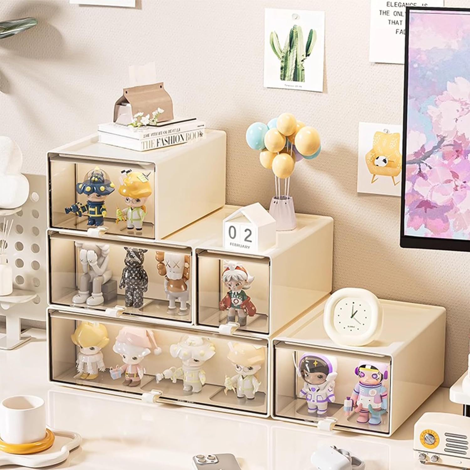 Combination Figurine Storage Display Cabinet, Drawer Figurine Storage Cabinet,Transparent Dustproof Multifunctional Storage Box Collection Display Rack for Pop Popmart Figures (【S】+2PCS【M】+【L】+【XL】)