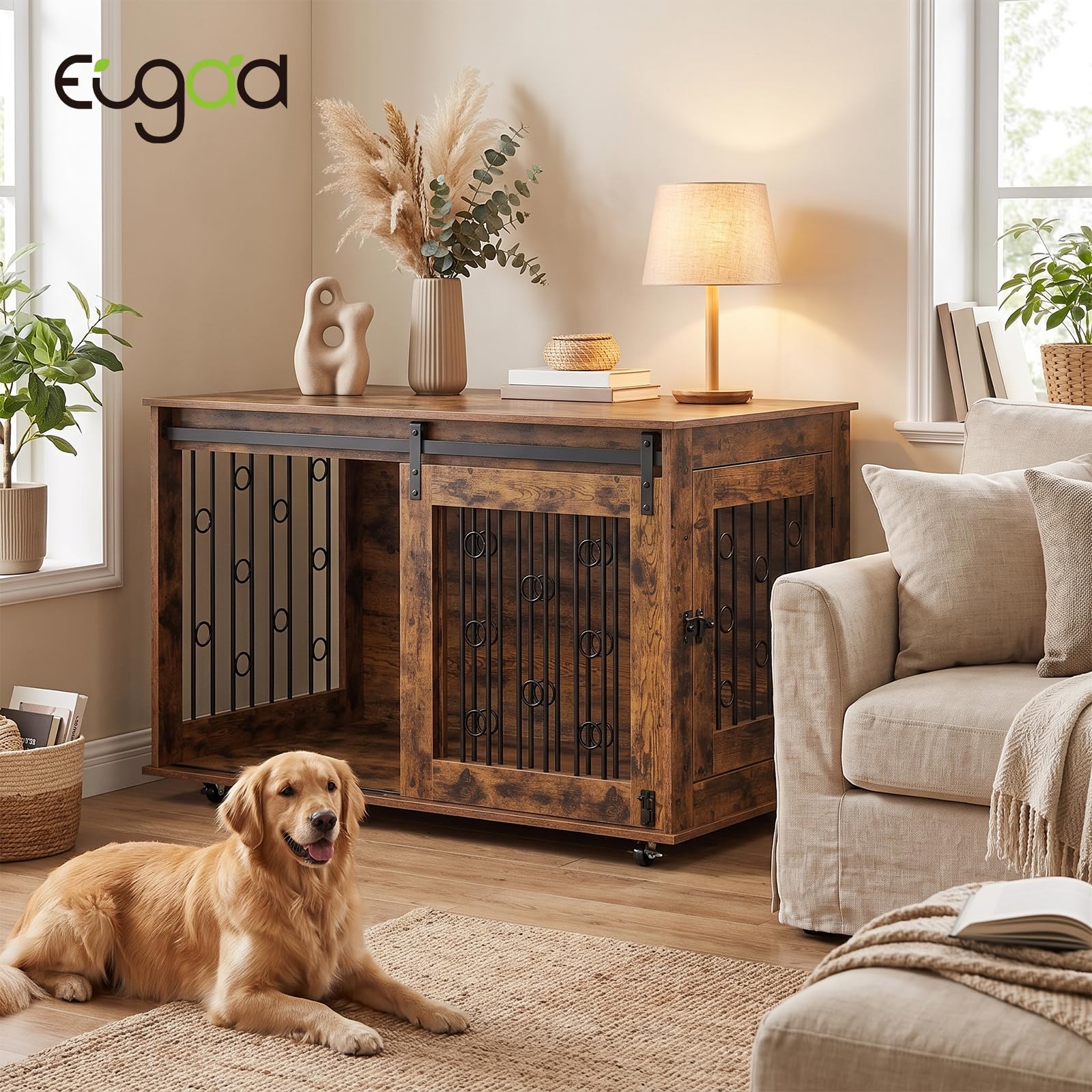 EUGAD Jaula para Perros Interior,Dog Crate para Perro de Madera | para Perros Medianos Grandes,con Ruedas y Puertas,Caseta Móvil Perros hasta 120KG,Moderna Casa Perro 100x56x58cm
