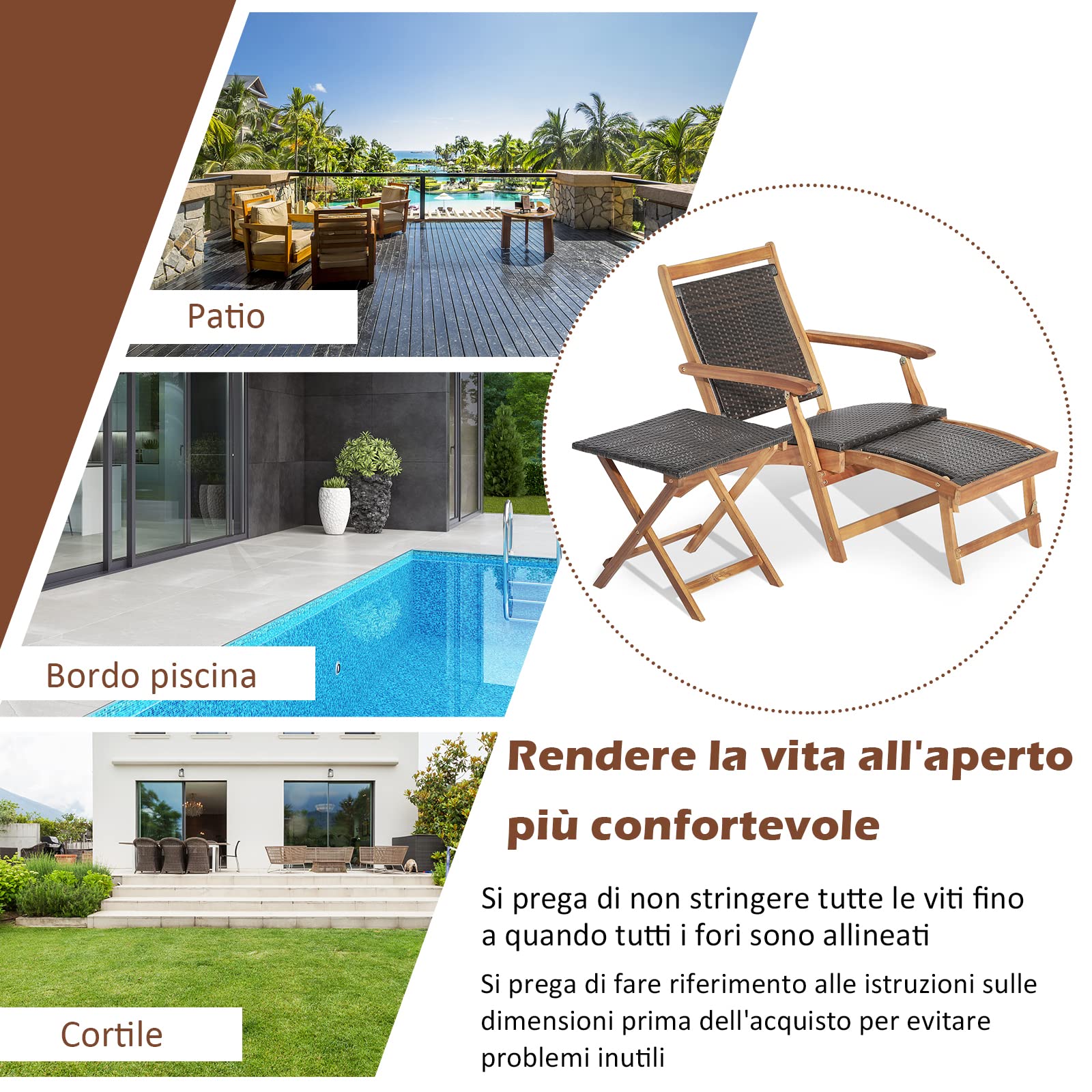 COSTWAY Set Sedia a Patio e Tavolo con Poggiapiedi Telescopico Lungo | Mobili da Giardino da Esterno Pieghevole in Rattan e Legno di Acacia per Giardino e Cortile