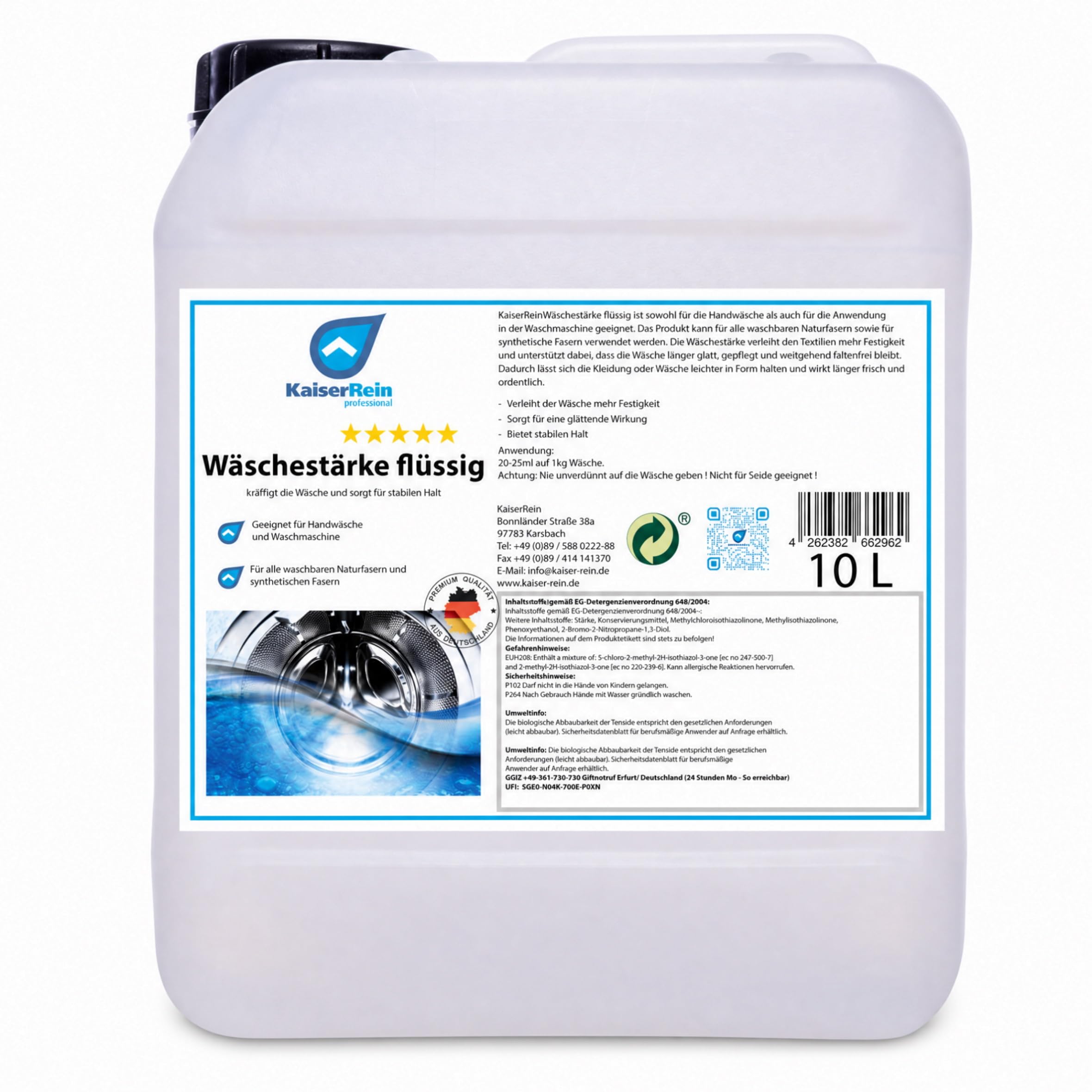KaiserRein Wäschestärke flüssig 10 L, Wäschesteife für stabilen Halt & glattes Finish, Bügelstärke für Waschmaschine & Handwäsche, für Natur- & Synthetikfasern (nicht für Seide), dosierbar