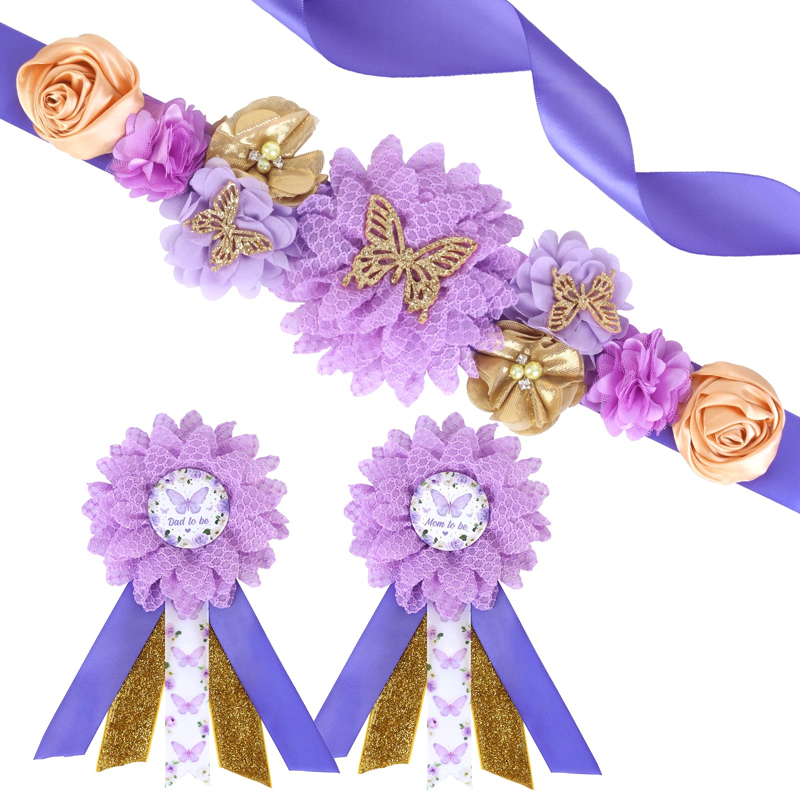 JOYMEMO Purple Butterfly Baby Shower Maternity Sash Kit - Purple Butterfly Baby Shower Belly Belt and Mom to Be & Dad to Be Corsage Pins, Pregnancy