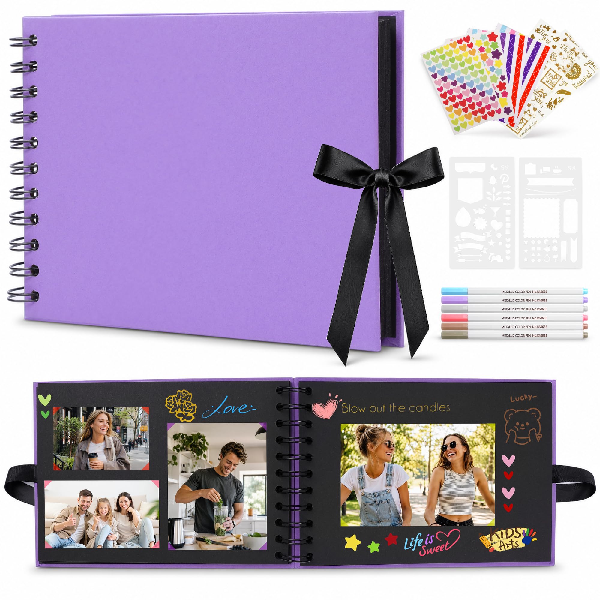 DazSpirit A5 Scrapbook Photo Album, 20 Sheets / 40 Black Pages DIY Memory Book with 6 Metallic Pens & 8 Photo Stickers, Small Scrap Book for Wedding, Anniversary, Travel, Birthday and Baby Memories